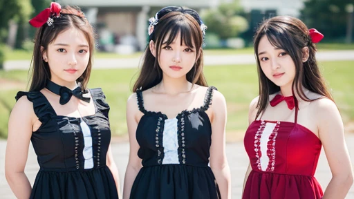 masterpiece, Highest quality, figure, Very detailed, The finer details, High resolution, 8k,wallpaper, Perfect dynamic composition,(Detailed high quality, Realistic depiction of eyes:1.3), (Three Girls),(Gothic Lolita fashion with tight buttons on the collar and chest), Seraphim, Short Bob Hair, The background is an empty changing room, Deep in the field, Black hair color, Big Natural Color Lip, (Perfect figure), (smile)、Harajuku Style、Elementary school girl in Japan:1.3), Adorable expression、Expressions of happiness、10 years old、height: 145cm、Baby Face、Amazingly cute、Cute type、Beautiful feet, Idol Sculpture、Big Breasts、whole body