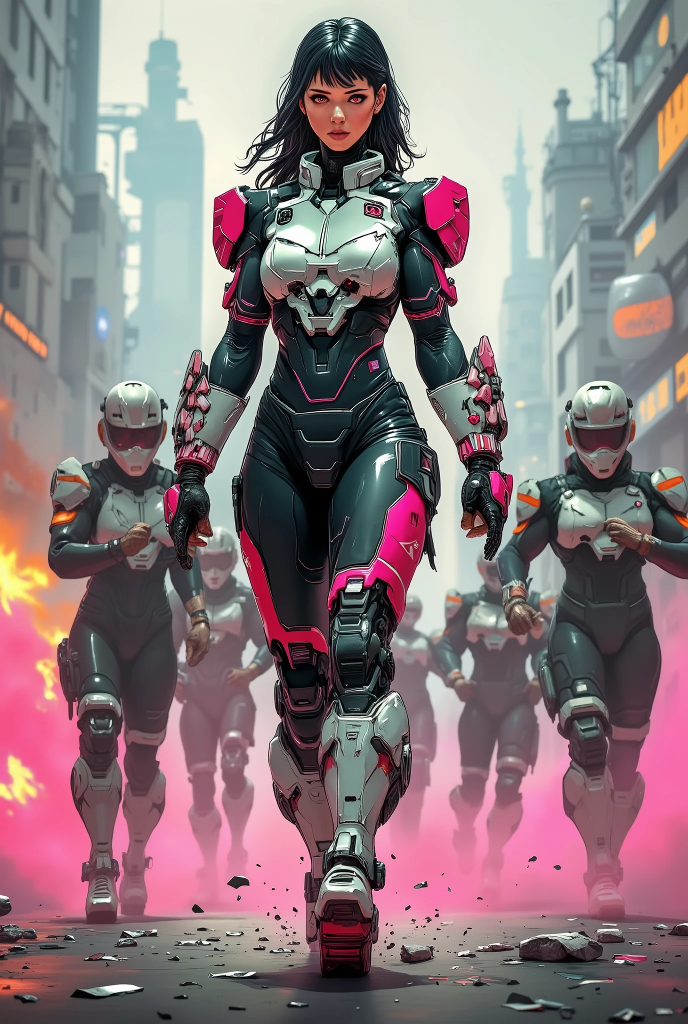 Full-body shot of a slim female game character (face fully visible, determined expression) leading a cyberpunk street rebellion in a WHITE high-neck combat bodysuit (with glowing circuit patterns) layered over a reinforced kilt (magenta fabric strips, chromium spikes). Futuristic over-knee high shockproof armored boots (magnetic soles, razor treads) crush broken glass as she strides forward. Unmasked rebel soldiers holding welded chain and spiked batons, follow her through the chaos. Background: A burning cityscape at night with blurred rioters. Neon pink smoke grenades explode near by. Slow-motion glass shards fly past her from the side, adding chaos to this action-packed scene
