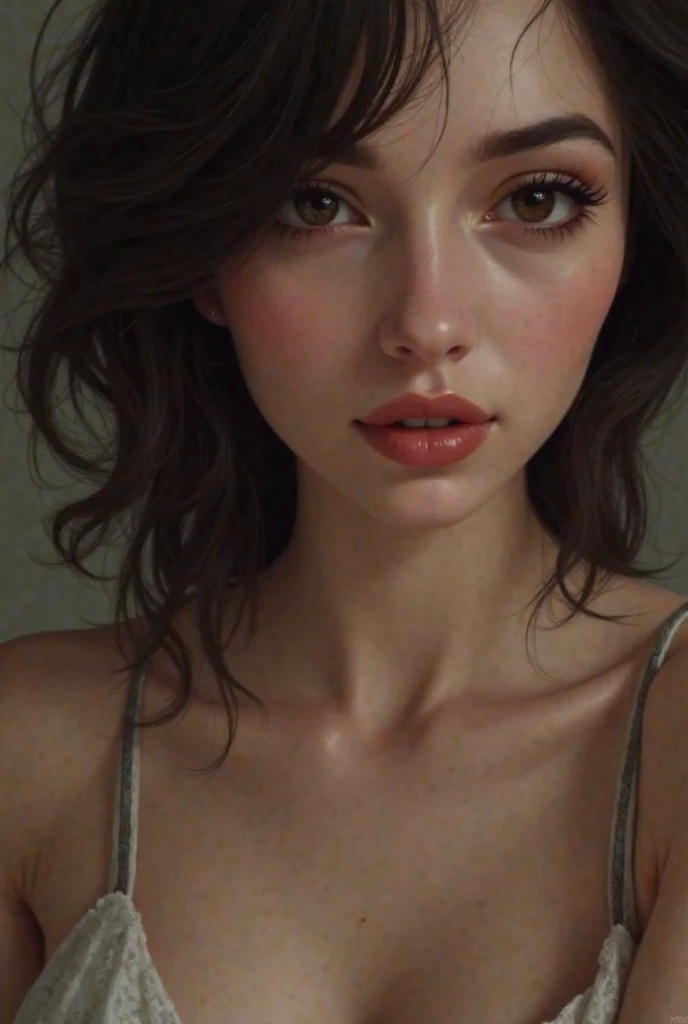 (((ultra realistic))) Photo, masterpiece, top quality, (Pale skin), (Ultra detailed face and eyes.:1.3), 1 girl, adult, on a t-shirt, ((eye makeup, pink mascara)), ((smile)), ((big detailed lips)), ((rosa wavy hair)), ((Chiolka)) , (natural breasts), Thin waist. ((Posing)), Photoshoot, studio (Soft lighting), (The game of lights and shadows), depth of field, bokeh, (Special attention to leather details.: 1.2), detailed leather texture, skin pores. (Warm frame environment.. Color range: violet, rosa, blue tones), DR, ((film grain)), ((good heavens)), (Glare), ((portrait from the waist up)) , ultra detialed, 