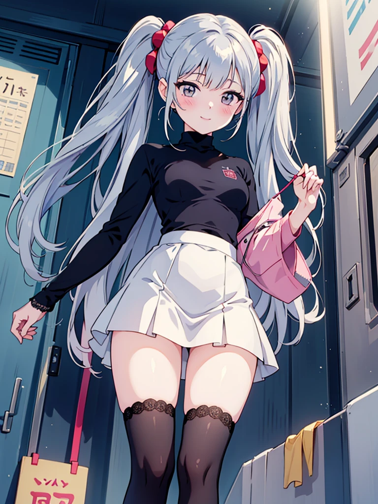 Young girl with grey hair, ((fringed and curly hair)),((curly short twintail)), curly hair ,(red eyes),, ((small bushy eyebrows)), wearing gothic lolita clothing, lolicon , walking to school, bored look, bored face,, (sitting with legs open lifting her skirt to show her vagina wet with semen),