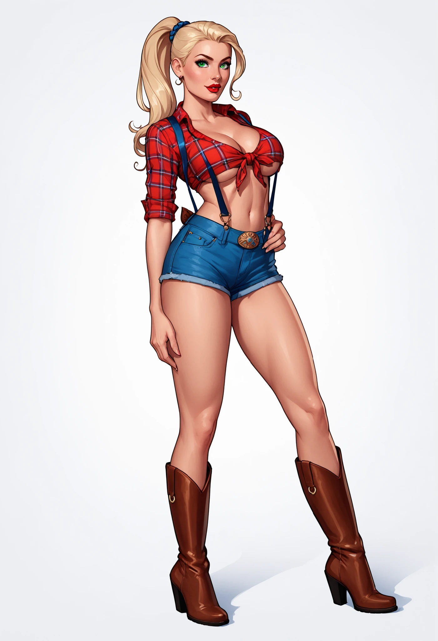 Best quality, solo mature woman, giant breasts, giant ass, very curvy, dark skin, ginger curly hair tied up, ocean blue eyes, full lips, seductive, smiling, red flannel shirt tied short, jean shorts, farmer hat, denim overalls, freckles, thick thighs, curvy physique