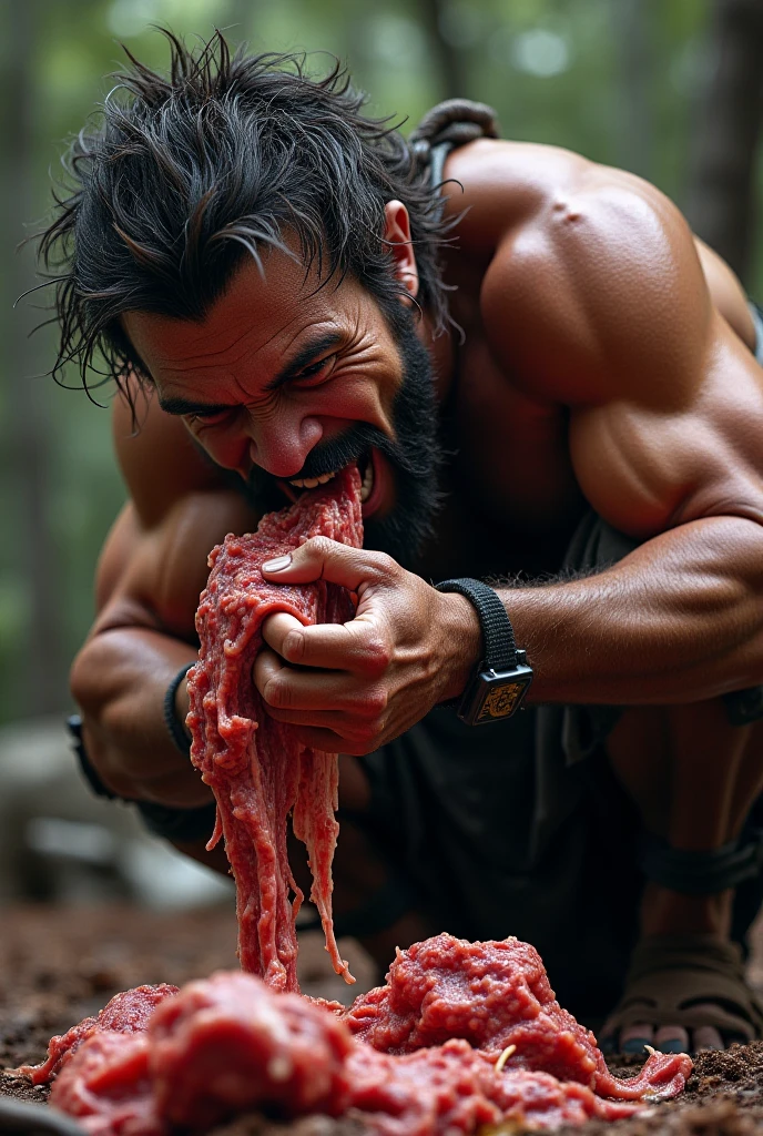 handsome bearded athletic naked man eats raw meat