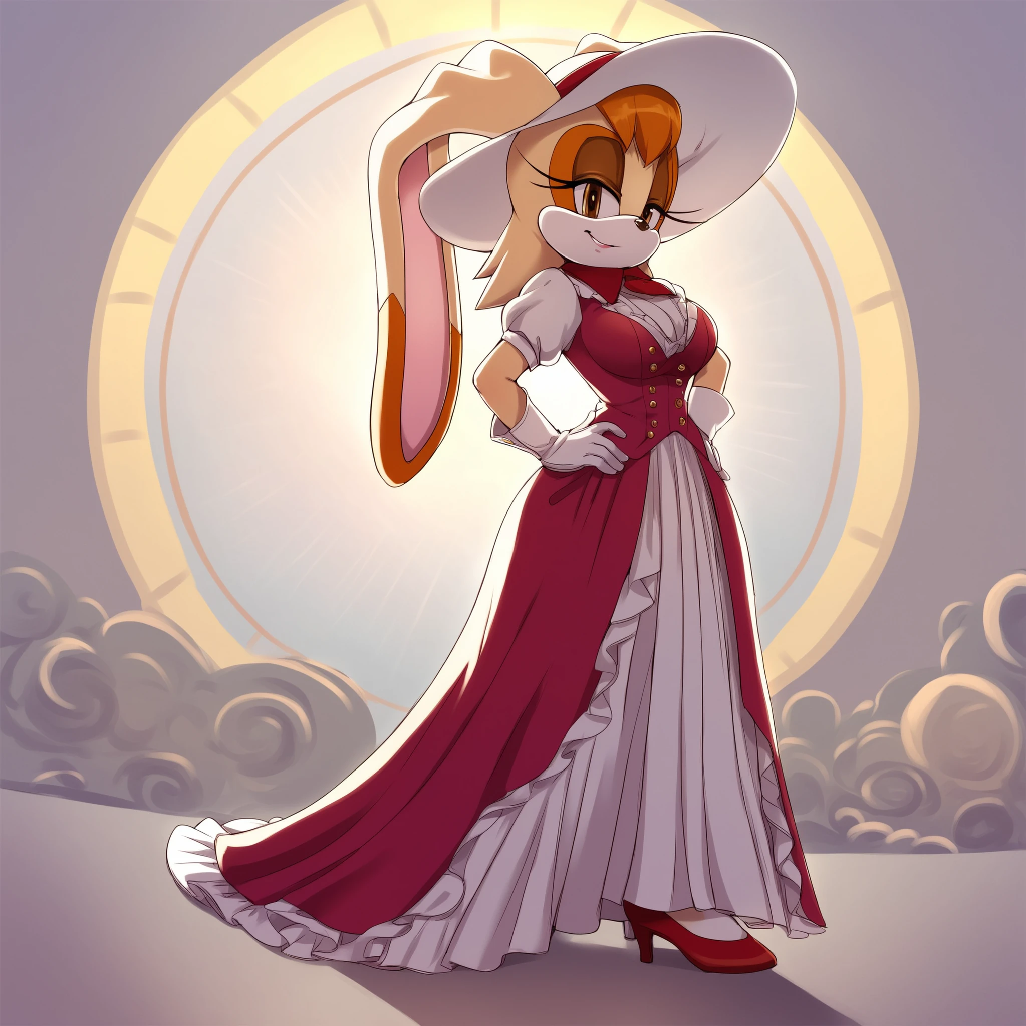 score_9, score_8_up, score_7_up, score_6_up, score_5_up, score_4_up, (Source sonic), (rating safe), vanilla the rabbit, 1girl, solo, , brown eyes, looking at viewer, standing, (fancy train cart background), wide , rabbit girl, short hair, body fur, hands on , anime style, smile, petticoat skirt, long opera gloves, (steampunk dress), (elegant dress), fancy dress, elegant sun hat, sun hat with scarf wrap, standing, full body, short sleeves, shoes, puffy sleeves, white gloves, high heels, puffy short sleeves, eyelashes, makeup, furry, long skirt, rabbit ears, animal nose, brown eyes, animal ears, furry female, orange hair, elegant personality,

