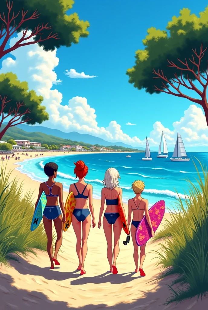 Two teenage girls in swimsuits, Play in the water, Clear blue skies, Seagulls fly, Beach, beach chairs, drinks, fruits, Coconut tree, A mountain in the distance, Juice on the table, Fruits, Glasses