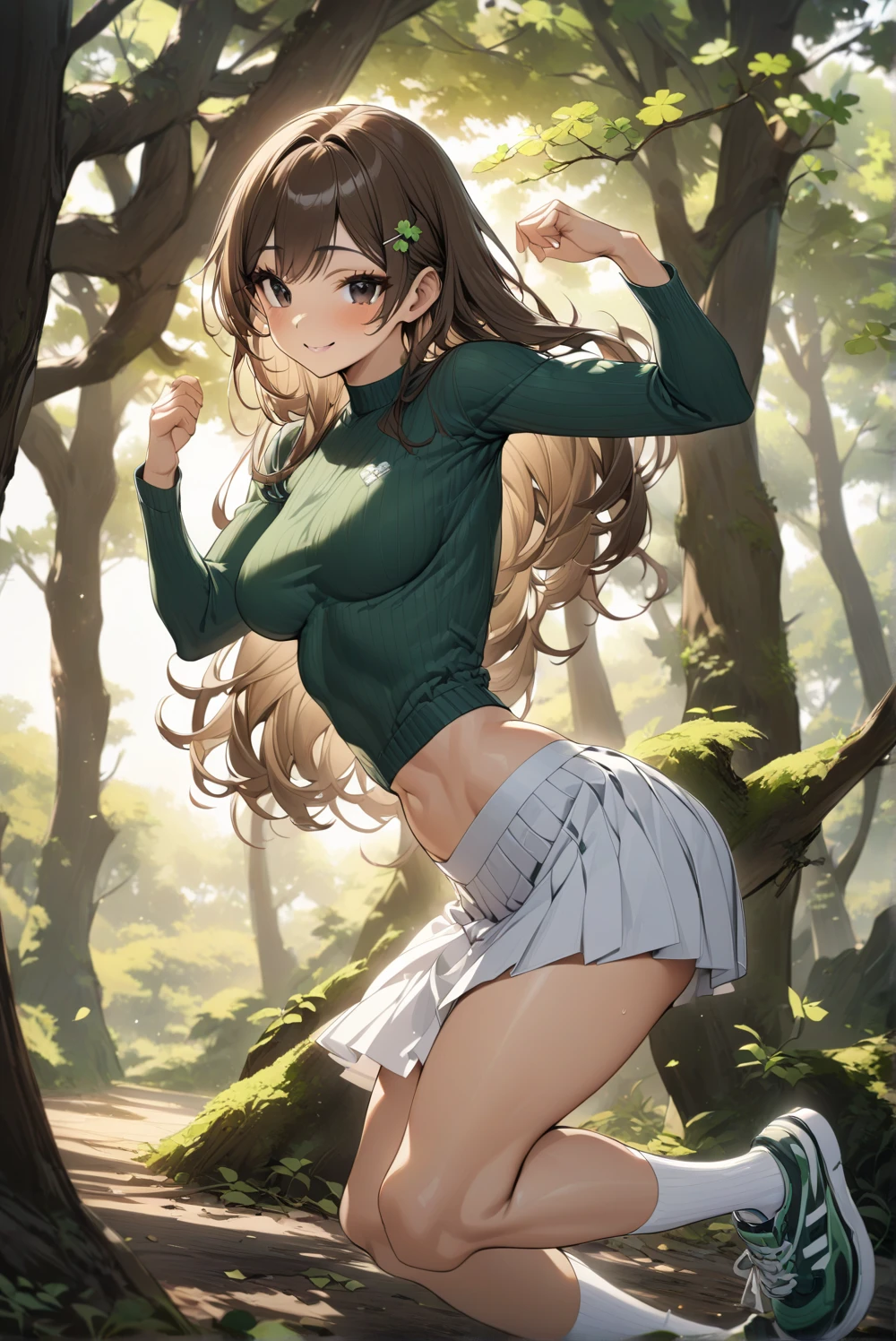 (masterpiece, best quality), 1girl with brown hair and brown eyes, long locks cascading down her back,
leaps into the air with a graceful jump, FORESHORTENING the perspective of her extended leg,
DEPTH OF FIELD softly blurring the background,
solo figure, completely absorbed in her travels,
mini shirt revealing the curve of her waist,
dappled sunlight filtering through the trees, casting shadows upon her skin.
Her expressive brown eyes, full of curiosity and excitement,
lock onto the viewer, as if inviting us to join her on her journey.