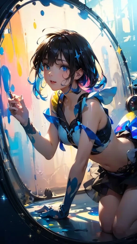 vector art, abstract graphics, watercolor, fruits+lines+abstract forms+fractal, glass, particles, melt, girl fullbody(perfect skin) with degrade colorful hair, defined abdomen, flowers, leaves, dynamic pose, random beautiful ocean, jellyfish