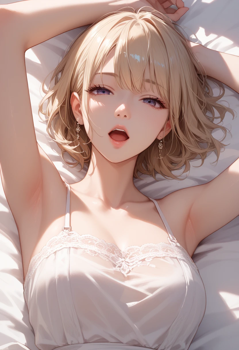 blonde, short hair, girl１, sleep in bed, (White sheets), (White pillow),close up of face, completely nude, [[[[pale purple eyes]]]],