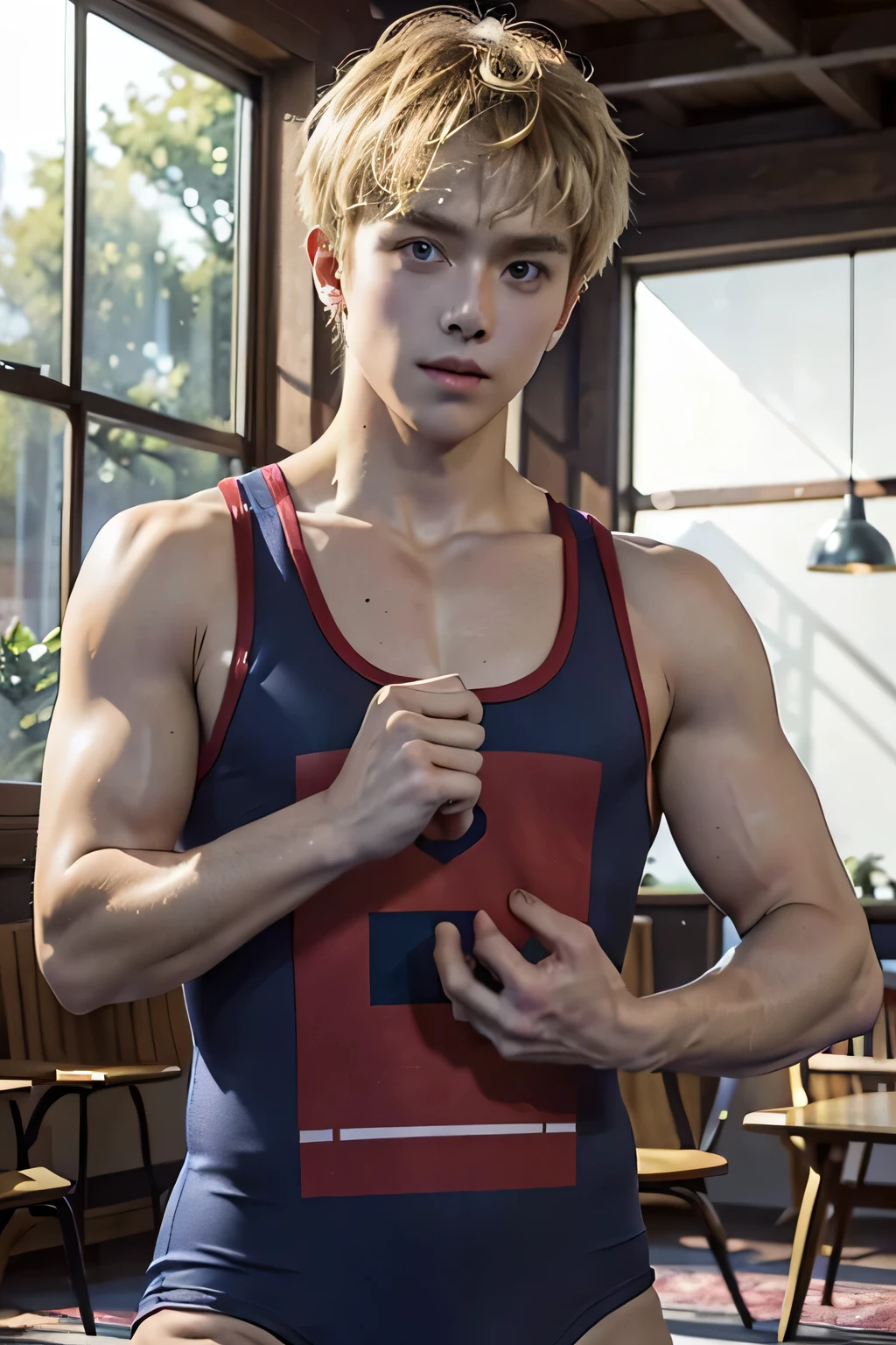best quality, masterpiece, (photorealistic:1.4), elementary school students、(highleg),((Wrestling Singlet:1.2))、(Blonde)、1boy, Alone, short hair, big eyes, ((upper body)), dramatic lighting, looking at viewer, standing, indoors, living room, tables, carpet, wooden floor, decorations, window, sunshine