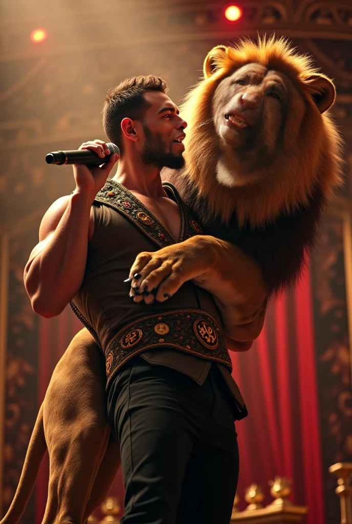 A girl with light brown hair wearing a dark blue cap with the words "M" blank, sentada no colo de um homblank de cabelos escuros com o penteado de topete, the man is muscular and shirtless and is wearing a crown, the man is sitting on a lion with his mane in an emo gothic fringe hairstyle and is on top of a skateboard, the place is an olympic skate court