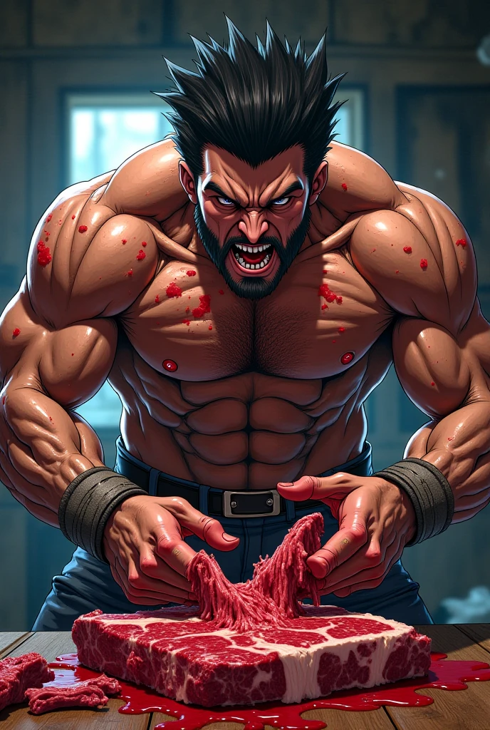 (NSFW: 1.5), Chris Redfield ,(man kneeling: 1.2) , (Seriously injured), (Close your eyes.), Open mouth, show teeth, (Wearing a navy blue round neck T-shirt with a police logo.: 1.3), (Navy blue jeans), Korean guy , korean men, (High gloss details), chest muscles, Big arm muscles, blood vessel, big muscles, Broad shoulders, looking at the audience, Balancing the eyes, (Make eye contact),(Torn shirt: 1.9), (wound: 1.3) , (blood splatters) ,( abrasions on face: 1.8), (Blood stains on the face and body: 1.6) ,(Torn shirt: 1.5) , (Look up: 1.1) , (genital very long big : 1.5), (Big testicles), (Erection of the penis: 1.5), middle of the road,(Fire blazes behind:1.3) ,(several worms pupate:1.8) ,middle of the road,(Fire blazes behind:1.3) ,(How:2.0) (big explosion:1.5)