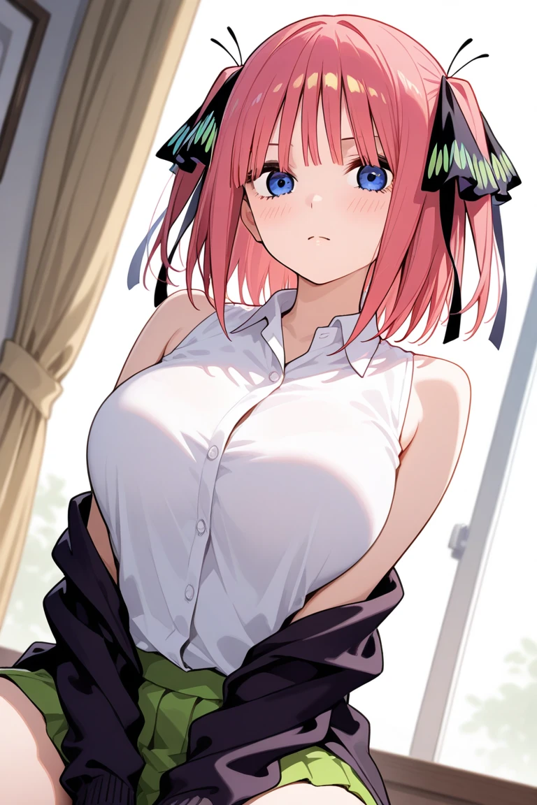 High resolution, Nakano Nino,1 Girl,Pink Hair,Short Hair,Butterfly Hair Ornament, Lonha,Green Skirt,White shirt,Collared shirt, large breasts, lace bra, lie on own back, bed, overhead shot, shy, sweat, open mouth, shirt lift, show off bra, lace bra