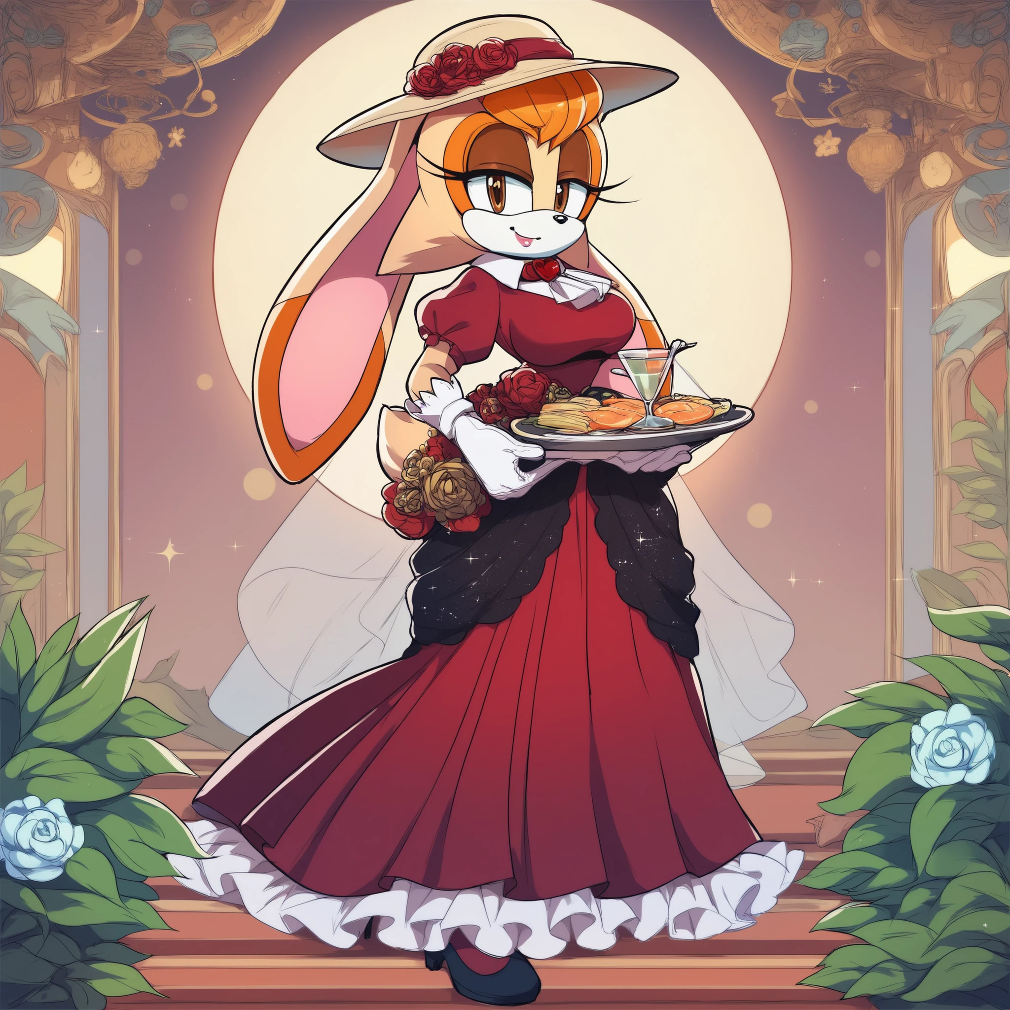 score_9, score_8_up, score_7_up, score_6_up, score_5_up, score_4_up, (Source sonic), (rating safe), vanilla the rabbit, 1girl, solo, , brown eyes, looking at viewer, standing, ((fancy restaurant background)), wide , rabbit girl, short hair, body fur, elegant smile, half closed eyelids, petticoat skirt, dark red panniers, long opera gloves, (steampunk dress), (elegant red dress), fancy dress, elegant red sun hat, (sun hat with dark red facial scarf wrap), standing, full body, short sleeves, shoes, puffy sleeves, white gloves, dark red high heels, puffy short sleeves, eyelashes, makeup, furry, long skirt, rabbit ears, animal nose, brown eyes, animal ears, furry female, orange hair, elegant personality, rich woman, elegant lady,  expression 
