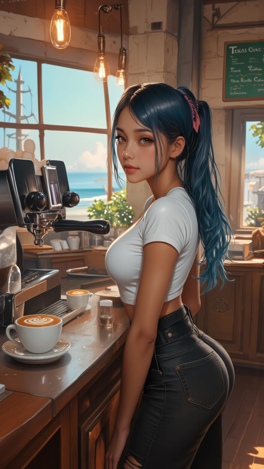 Beautiful Brazilian girl in a thong who is a barrista on the beach in Thailand