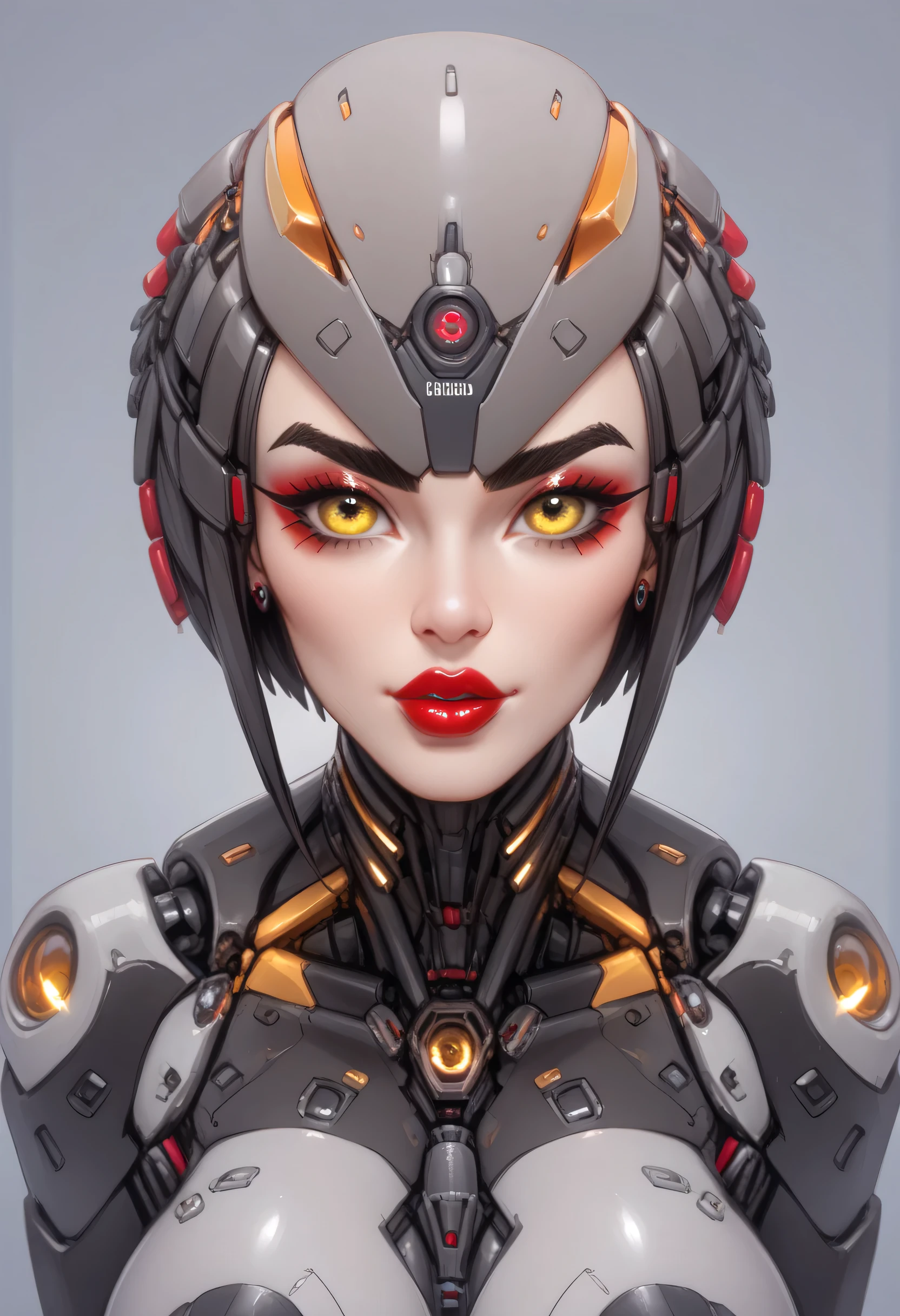 (Perfect Face), (Black Medium Hair), (Black Thick Eyebrows), (Big Bionic Yellow Eyes), (Red Thick Lipstick), (Female Robot), (Beautiful Woman), Looking At Viewer