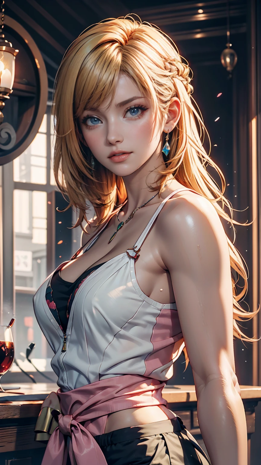 A blonde woman with long hair and a blue dress is posing for a photo, Realistic anime art style, Photorealistic anime girl rendering, Smooth anime CG art, Anime realism style, Realistic art style, realistic young anime, Gorgeous digital painting, Realistic Anime 3D Style, Beautiful anime portraits, Realistic anime art style, Close-up character portraits, 3D Anime Real, Anime style portrait