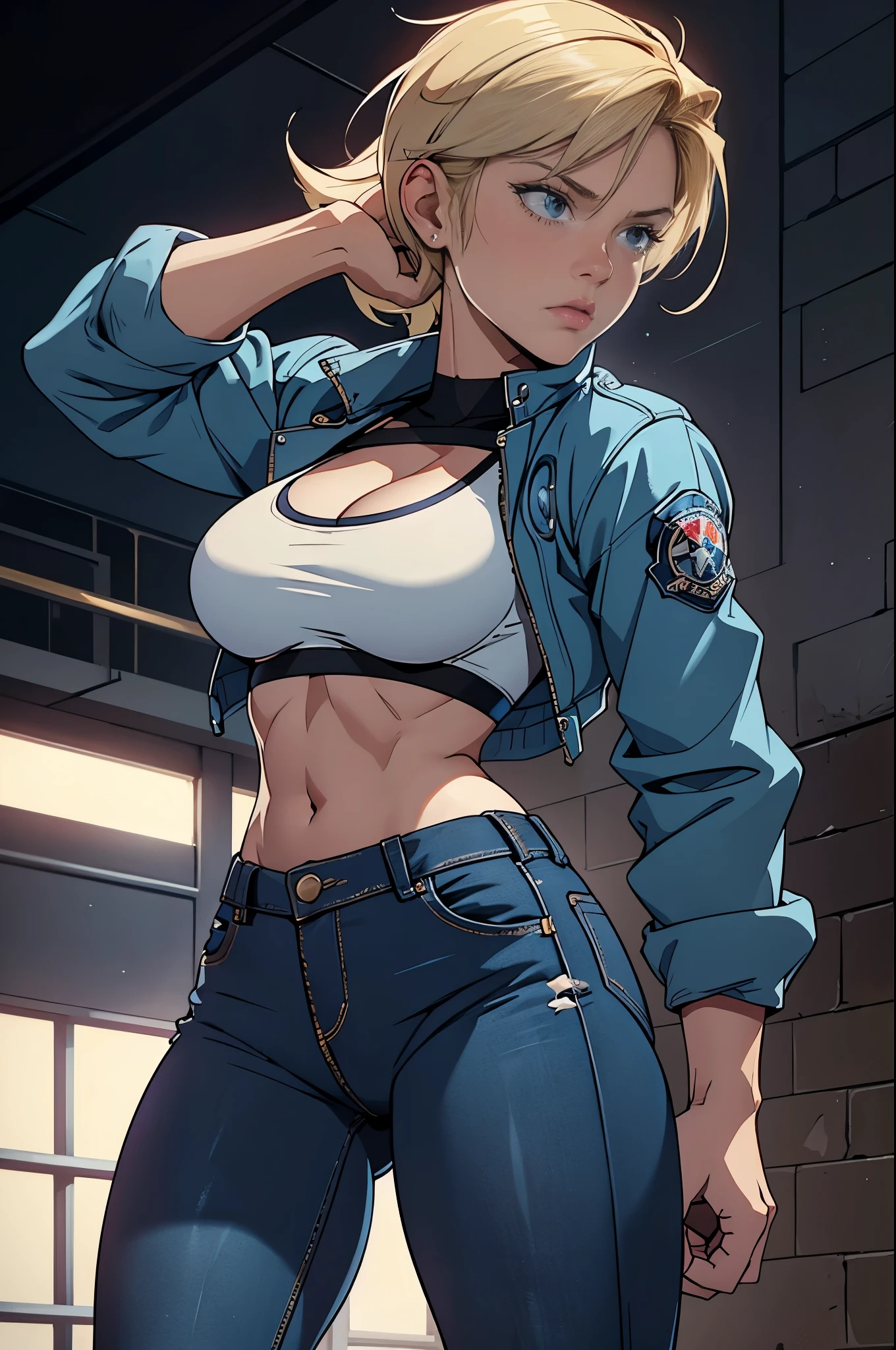 unparalleled masterpiece, ultra realistic 8k CG, perfect artwork, (1girl:1.1) , solo, ((perfect female figure)), (nsfw), looking at viewer, mature female, bimbo (android 18) standing, (teasing), best quality:1.1 , seductive posture, sexy pose, alluring, (beautiful), (curvy), (thick), blonde hair, (blue eyes:1.2), short hair, earrings, jewelry, denim vest, open vest, black pantyhose, black shirt, denim skirt, striped long sleeves, blue skirt, toned legs, fit, (abs:1.1), (big butt:1.4), peach ass, (athletic body:1.2), (large breasts:1.3, (big_breasts:1.1), wide_hips:1.5, narrow waist, small waist:1.5, slender body:1.2, thick thighs:1.3), (shiny skin:1.2), (hdr), (street:1.2), Nikon D850 film stock photograph Kodak Portra 400 camera f1.6 lens, rich colors, lifelike texture, dramatic lighting, unreal engine, trending on ArtStation, by Gerald Brom, by Frank Frazetta, by Luis Royo, by Julie Bell, by Boris Vallejo