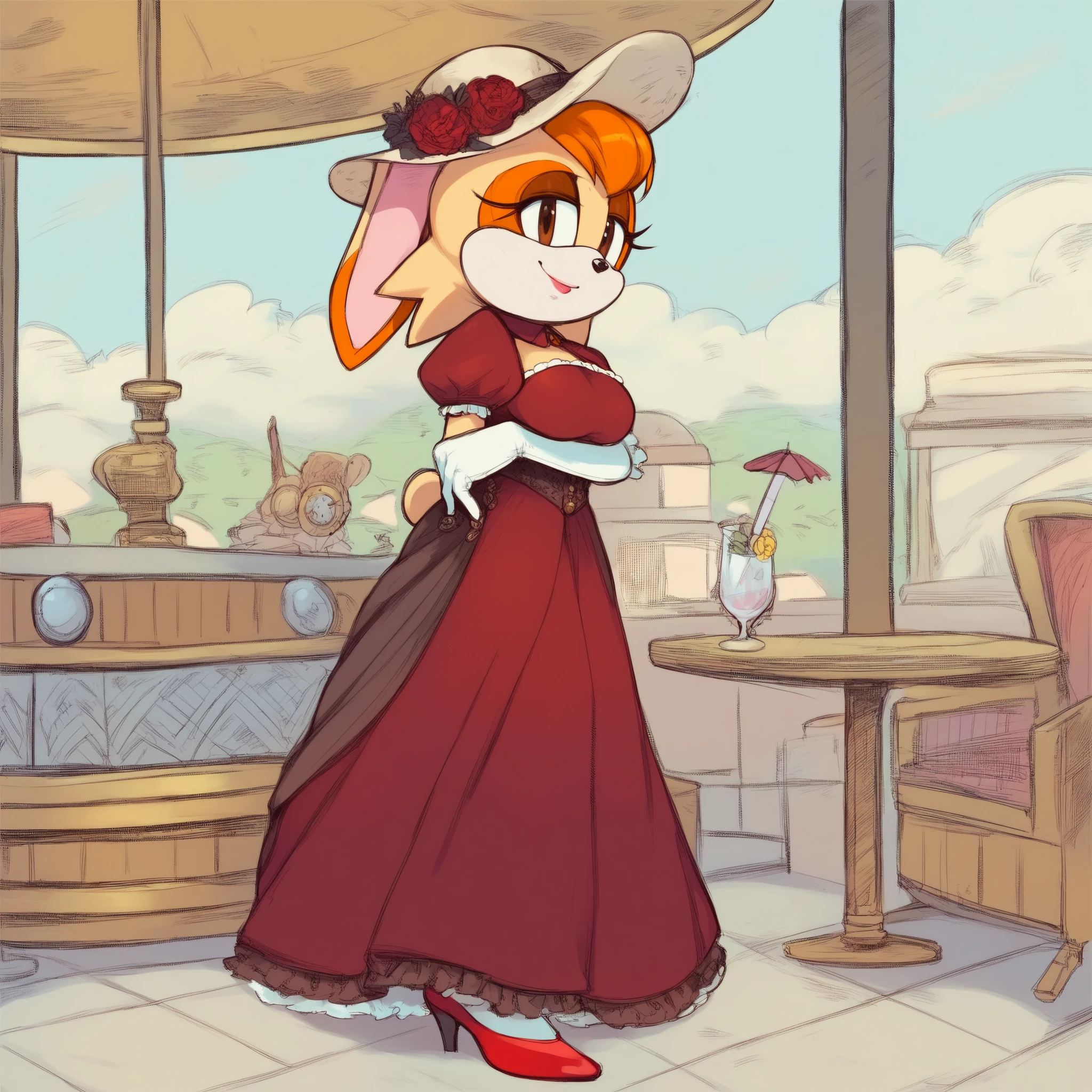 score_9, score_8_up, score_7_up, score_6_up, score_5_up, score_4_up, (Source sonic), (rating safe), vanilla the rabbit, 1girl, solo, , brown eyes, looking at viewer, standing, ((fancy restaurant background)), wide , rabbit girl, short hair, body fur, elegant smile, half closed eyelids, petticoat skirt, dark red panniers, long opera gloves, (steampunk dress), (elegant red dress), fancy dress, elegant red sun hat, (sun hat with dark red facial scarf wrap), standing, full body, short sleeves, shoes, puffy sleeves, white gloves, dark red high heels, puffy short sleeves, eyelashes, makeup, furry, long skirt, rabbit ears, animal nose, brown eyes, animal ears, furry female, orange hair, elegant personality, rich woman, elegant lady