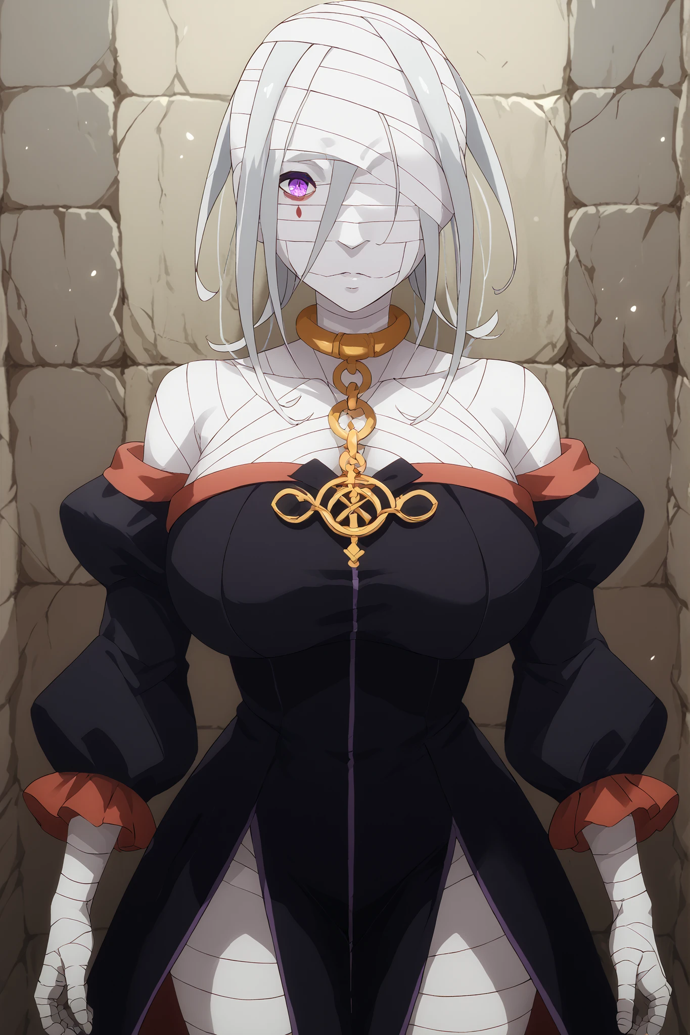Cosplay , \(lucid\:machines\) \( Cosplay \), gloves, long sleeve bow, dress , puffy sleeves, black dress , pieces of clothing , Breast story, Juliet sleeves, feather-trimmed sleeves, blindfold , black blindfold , covered eyes , huge breasts,Cyrus Roman Conti, The long , purple eyes, white hair , Bandages , Blindfolded head, Banded neck, bandaged arms, blindfolded legs, blindfolded hand, Bandaged breast , tied chest, bandaged wrist, patched knees