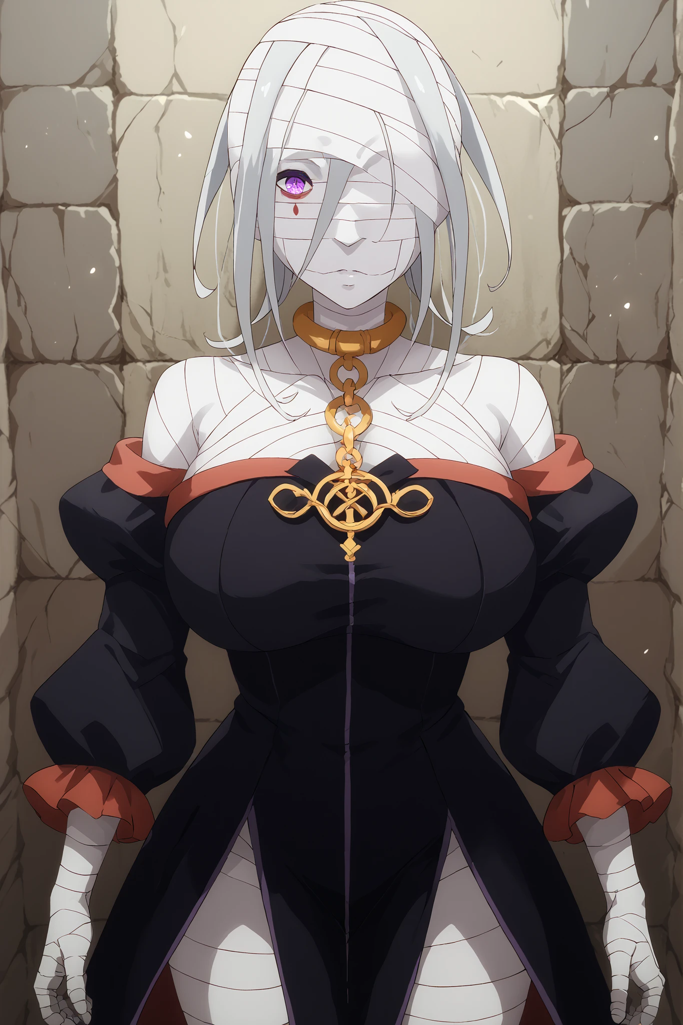 Cosplay , \(lucid\:machines\) \( Cosplay \), gloves, long sleeve bow, dress , puffy sleeves, black dress , pieces of clothing , Breast story, Juliet sleeves, feather-trimmed sleeves, blindfold , black blindfold , covered eyes , huge breasts,Cirrus Romani Conti, The long , purple eyes, white hair , Bandages , Blindfolded head, Banded neck, bandaged arms, blindfolded legs, blindfolded hand, Bandaged breast , tied chest, bandaged wrist, Patched knees