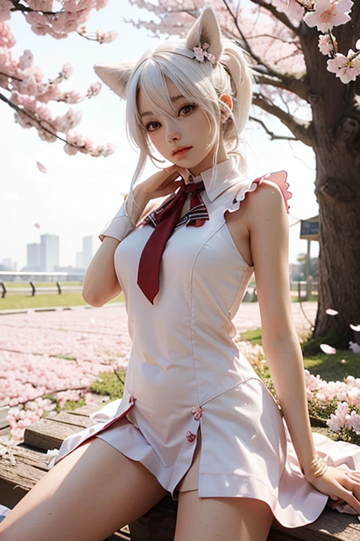((girl sitting on a row of cherry blossom trees)),top quality work，Real work，Ultra premium graphics，8K HD CG works，high quality graphics，High-definition CG works，super fine details：1.1，Advanced technical details：1.1Photo-realistic，indoor lighting effects：1.5，Natural light：1.5. light effect（virtual light effect：1.8），長いsilver hair，silver hair，transparent hair，high detail hair（premium hair detail：1.1）clear eyes，beautiful double eyelids，sharp eye makeup, delicate eyelash makeup, thin eyebrows, highly detailed eyes，high nose, nice red lips, rose cheeks, A face with delicate makeup , cute face, perfectly proportioned face,（Advanced facial details：1.1），shiny，wonderful dress，bright red series，(white blazer) 、(white blouse)、(red bow tie)、(checked skirt)、（My skirt flies up in the wind)、white panties are visible、girls school uniform、photo shoot，woman&#39;artwork of，full body figure，realism，wonderful，My eyes are shining today、((smile)),(Cherry blossom petals are dancing)、((In a blizzard of flowers))、