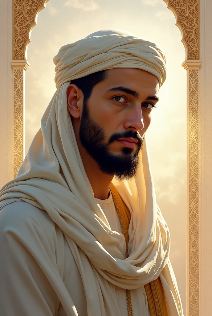 young Muslim man with a light white beard, wearing a white turban, sitting on a chair. He exudes calmness and wisdom. The background is creatively designed, featuring a blend of vibrant and abstract elements, with soft lighting that adds a peaceful, serene atmosphere Change the background and make it mysterious and classic. 