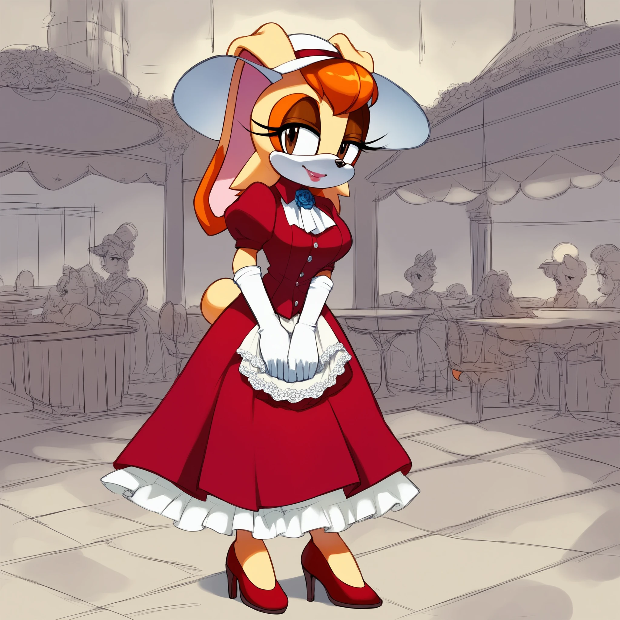 score_9, score_8_up, score_7_up, score_6_up, score_5_up, score_4_up, (Source sonic), (rating safe), vanilla the rabbit, 1girl, solo, , brown eyes, looking at viewer, standing, ((fancy restaurant background)), wide , rabbit girl, short hair, body fur, elegant smile, half closed eyelids, petticoat skirt, dark red panniers, long opera gloves, (steampunk dress), (elegant red dress), fancy dress, elegant red sun hat, (sun hat with dark red facial scarf wrap), standing, full body, short sleeves, shoes, puffy sleeves, white gloves, dark red high heels, puffy short sleeves, eyelashes, makeup, furry, long skirt, rabbit ears, animal nose, brown eyes, animal ears, furry female, orange hair, elegant personality, rich woman, elegant lady