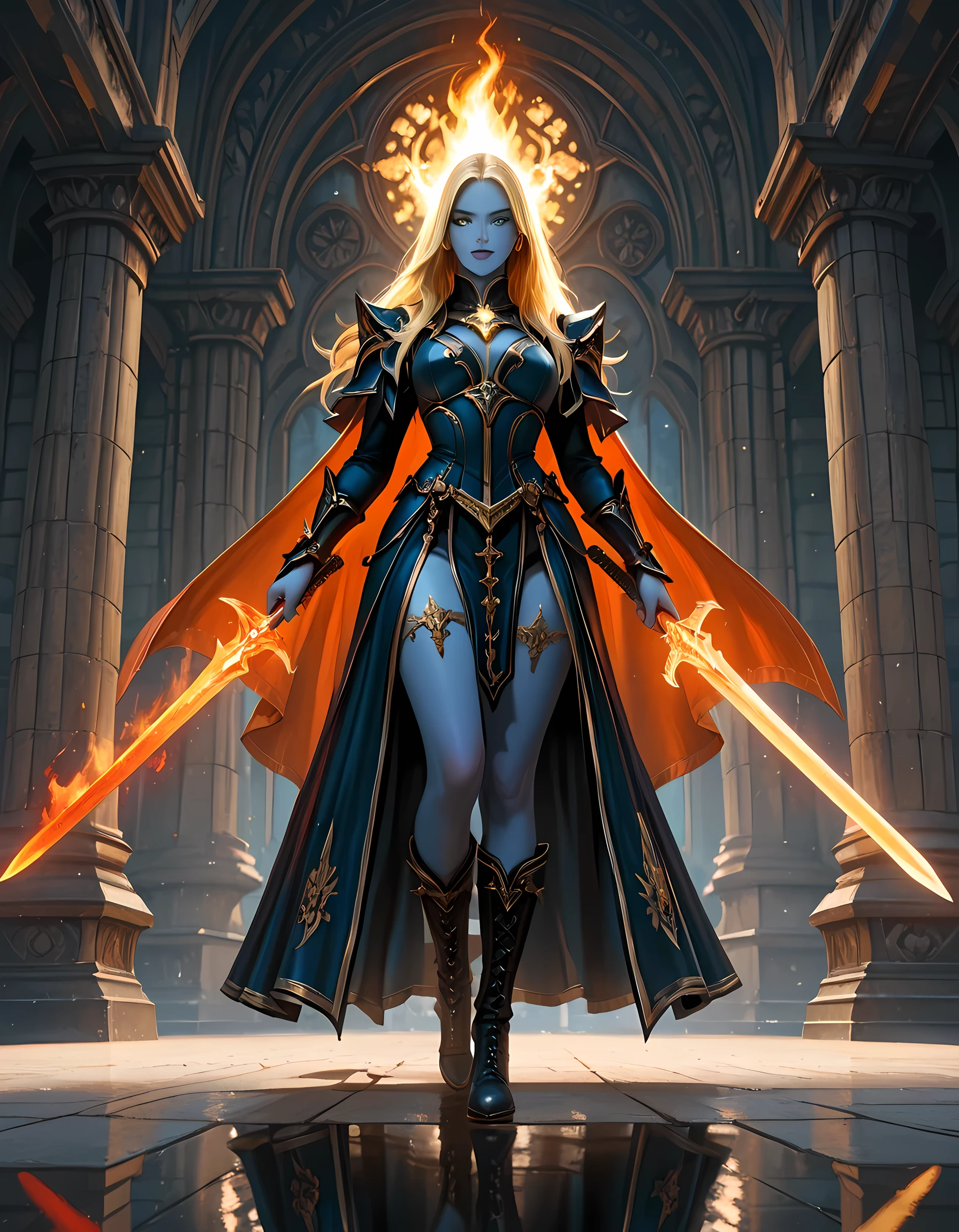 full body picture of olo female ((blue skin: 1.5)), intense details facial details, exquisite beauty, cleric, (dark blue skin: 1.5)) female, ((yellow hair: 1.5)), long hair, (((no ears: 1.5))), (green eyes: 1.3), armed with a fiery sword red fire, wearing (twilight priestly combat vestments: 1.5), wearing high heeled laced boots, wearing an (orange cloak:1.3), wearing glowing holy symbol, fantasy art, dnd art, RPG art, wide shot, (masterpiece: 1.4)  intense details, highly detailed, photorealistic, best quality, highres,  within fantasy temple background, reflection light, high details, best quality, 16k, [ultra detailed], masterpiece, best quality, (extremely detailed), close up, ultra wide shot, photorealistic, RAW, fantasy art, dnd art, fantasy art, realistic art,((best quality)), ((masterpiece)), (detailed), perfect face, fantasy, Cinematic Shot Cinematic Shot, fantasy, LOAsuccXL, fantasy, commix style, fantasy
