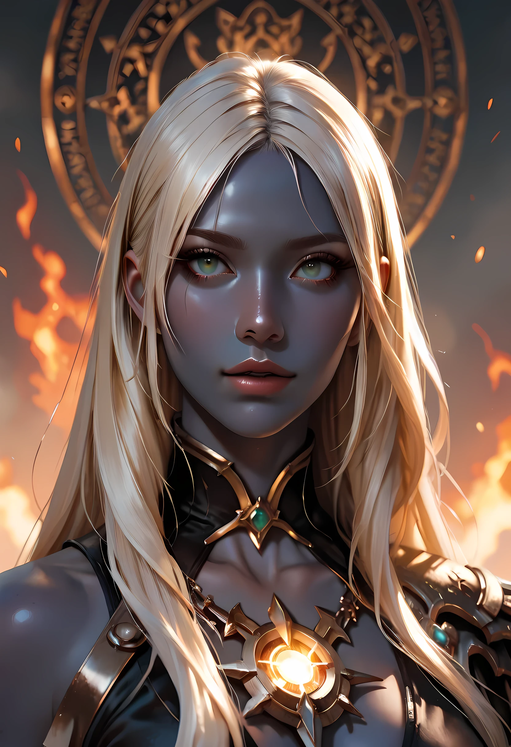 portrait a olo female ((dark blue skin: 1.5)), intense details facial details, exquisite beauty, cleric, (dark blue skin: 1.5)) female, ((yellow hair: 1.5)), long hair, (((no ears: 1.5))), (green eyes: 1.3), armed with a fiery sword red fire, wearing (twilight priestly combat vestments: 1.5), wearing high heeled laced boots, wearing an (orange cloak:1.3), wearing glowing holy symbol, fantasy art, dnd art, RPG art, wide shot, (masterpiece: 1.4)  intense details, highly detailed, photorealistic, best quality, highres,  within fantasy temple background, reflection light, high details, best quality, 16k, [ultra detailed], masterpiece, best quality, (extremely detailed), close up, ultra wide shot, photorealistic, RAW, fantasy art, dnd art, fantasy art, realistic art,((best quality)), ((masterpiece)), (detailed), perfect face, fantasy, Cinematic Shot Cinematic Shot, fantasy, LOAsuccXL, fantasy, commix style, fantasy
