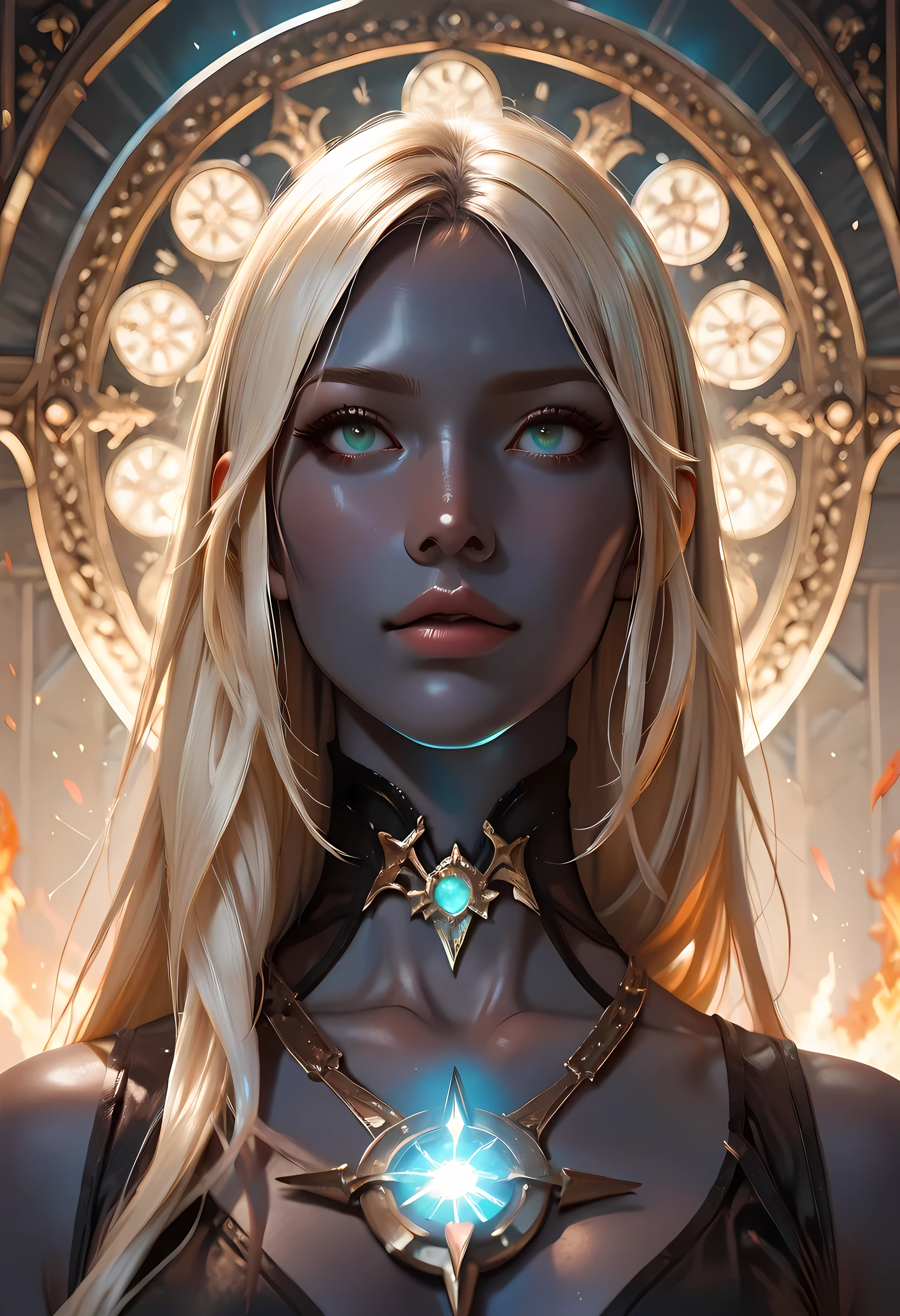 portrait a olo female ((dark blue skin: 1.5)), intense details facial details, exquisite beauty, cleric, (dark blue skin: 1.5)) female, ((yellow hair: 1.5)), long hair, (((no ears: 1.5))), (green eyes: 1.3), armed with a fiery sword red fire, wearing (twilight priestly combat vestments: 1.5), wearing high heeled laced boots, wearing an (orange cloak:1.3), wearing glowing holy symbol, fantasy art, dnd art, RPG art, wide shot, (masterpiece: 1.4)  intense details, highly detailed, photorealistic, best quality, highres,  within fantasy temple background, reflection light, high details, best quality, 16k, [ultra detailed], masterpiece, best quality, (extremely detailed), close up, ultra wide shot, photorealistic, RAW, fantasy art, dnd art, fantasy art, realistic art,((best quality)), ((masterpiece)), (detailed), perfect face, fantasy, Cinematic Shot Cinematic Shot, fantasy, LOAsuccXL, fantasy, commix style, fantasy
