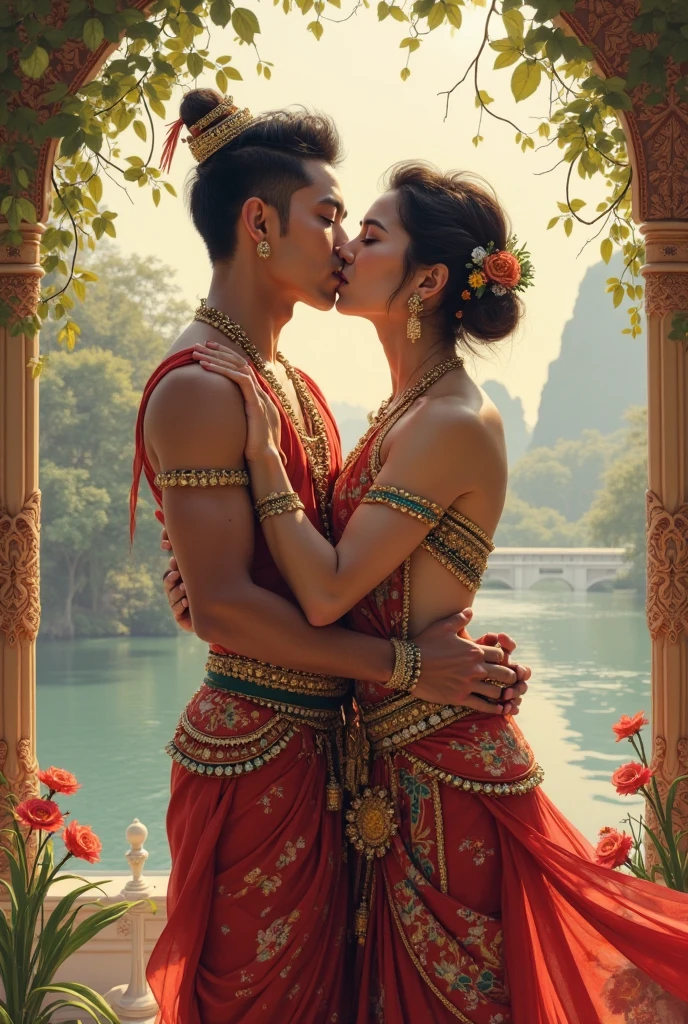 1 girl, 1 boy, passionate romantic kiss, colorful sequin sarees, topless, realistic, lush tropical gorge landscape, (best quality,8k,highres,masterpiece:1.2),ultra-detailed,realistic,photorealistic,photo-realistic:1.37,intricate details, cinematic lighting, vivid colors, detailed fabric textures, erotic, nsfw, boobs and cleavage