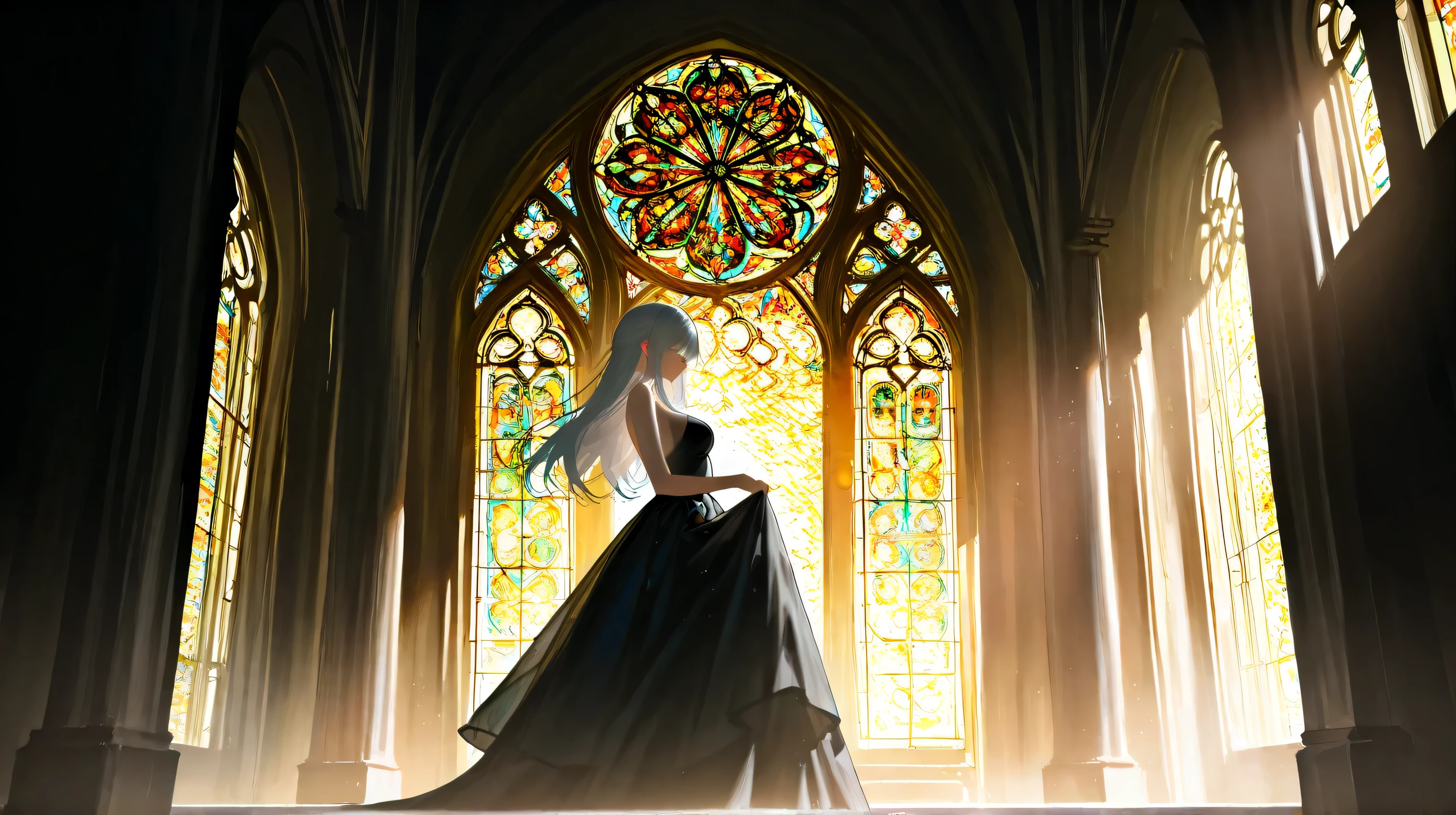 Inside a magnificent church, a young woman in her twenties stands gracefully. Her ultra-long silver hair flows down, shimmering softly, as it catches the warm, gentle sunlight filtering through the stained glass windows.
Her eyes have a unique gradient, transitioning from white at the bottom to a soft lavender hue at the top, giving her a serene yet melancholic expression. She gazes directly ahead, her face radiating quiet sorrow and deep contemplation.
She wears a stunning black mermaid dress with extensive sheer fabric, adding an air of elegance and mystery. The translucent fabric flows elegantly, accentuating her graceful form.
The background features intricate stained glass windows, casting a soft, colorful glow throughout the church. The light from the stained glass creates a dreamy, ethereal atmosphere, with beams of warm sunlight filling the space, highlighting the woman's delicate features.
The illustration is in an anime style, with a refined and elegant color palette, capturing the beauty and serene mood of the moment.