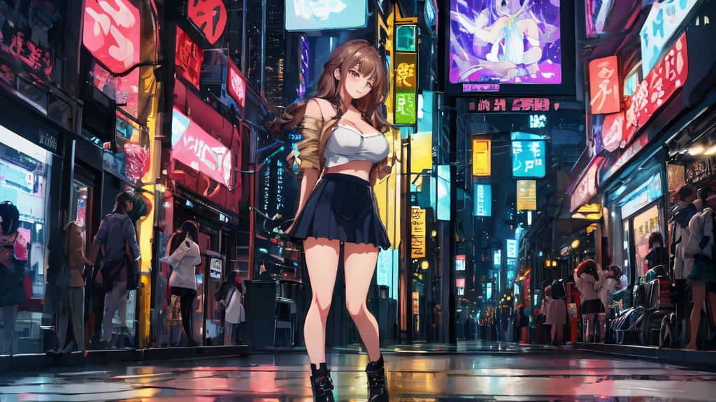 Bewitching busty woman in blue suit and tight skirt、Black tights,Inviting look、Show off your chest、A slightly visible bra with a shirt and brown hair,Ecchi anime style,Kamimei,Red Light District at Night,neons、Bokeh in the background