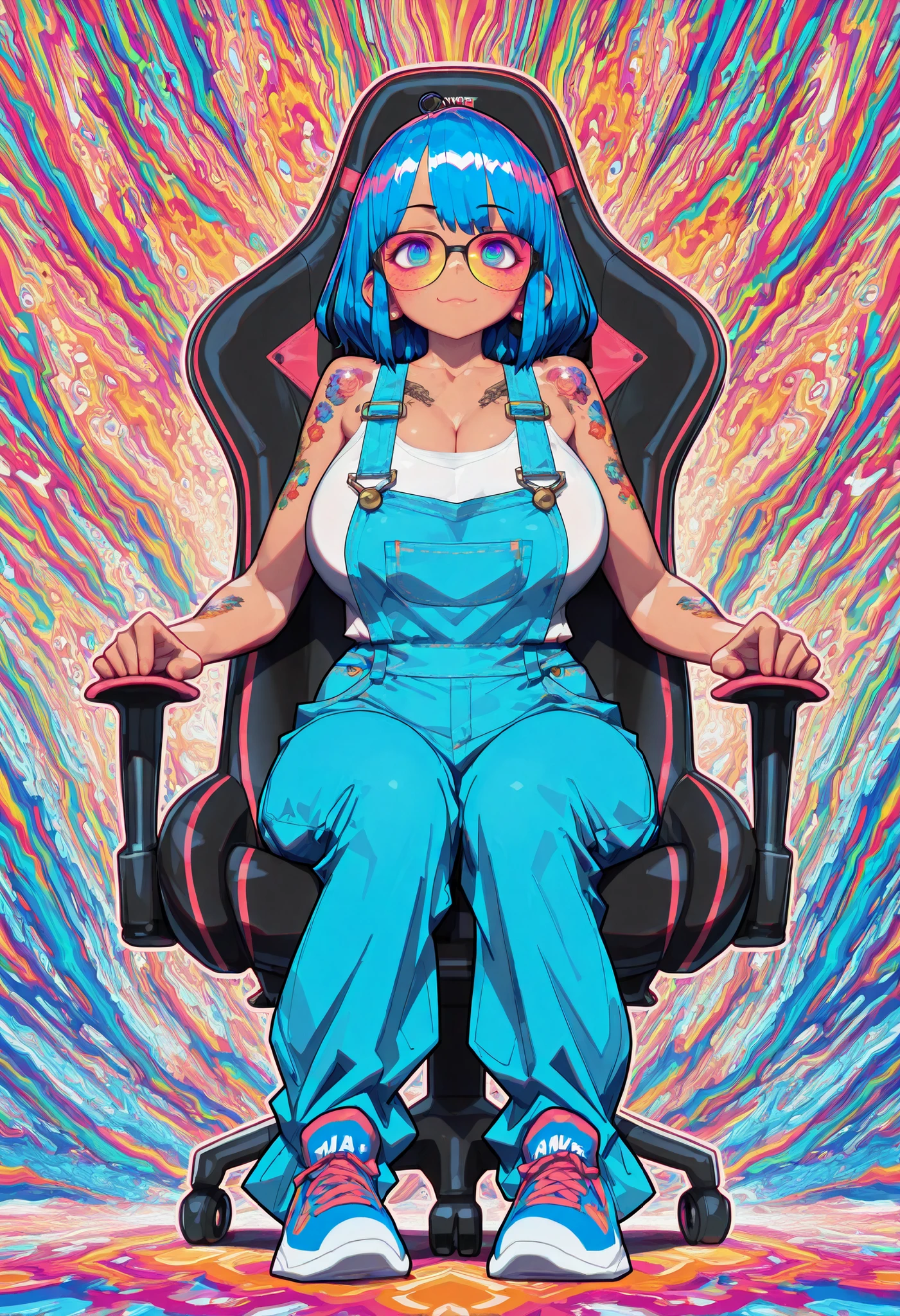 An intimate anime-style portrait of gamer woman seated on a gaming chair. Style of Yoji Shinkawa and Artgerm. Features: tan-skinned Japanese woman, athletic build, funny expression, multiple new school tattoos. (((Massive huge))) The poster should have a slight grain effect to enhance the retro aesthetic. The overall color palette should include psychedelic color. colorful shades, highly detailed clean, vector professional image. intricate artwork masterpiece, epic, (((gorgeous details))) Her expressive, charming eyes and soft, delicate facial features arouse admiration, creating a welcoming and adorable presence. clean face. She has magnificent large body shapes. The background is a solid, vibrant color, which contrasts with the character's outfit and makes her sit out prominently. (extremely detailed 8k wallpaper), (masterpiece: 1.2), (best quality: 1.2), (super function), The overall composition is clean and focused, with the subject centered and occupying most of the frame . Action pose. full body. Quality finish. (((Pixel Perfect, Perfect in every detail))) Her expressive, charming eyes and soft, delicate facial features arouse admiration, creating a welcoming and adorable presence.