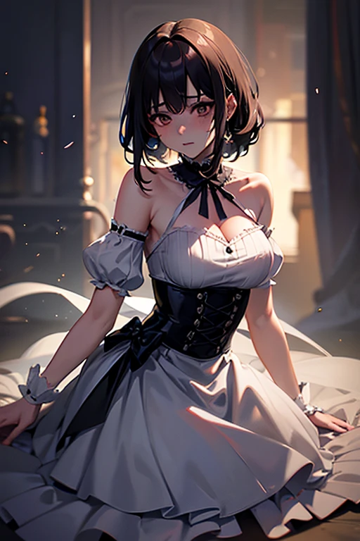 8K, A masterpiece of softcore pornography shot by Kishin Shinoyama, Bast quality,big, RAW Photos, (Ultra-thin contour lines), (1 Girl), Kana Arima, Arima Kana, Red eyes, Star-shaped highlight eye, dark red-purple hair, Short Hair, Professional Lighting, (Shiny skin: 1.2), shiny big, ((Highest quality)), Sharp focus: 1.2, Highly detailed face and skin texture, Fine grain, Perfect Face, Perfect body, Blur Art, CG, background, milk, in front (18-year-old, Cool and beautiful girl face), wear ((Frill dress)), Red gloves, thigh), blush, (Porn Cosplayer), (Camel Toe, White panties), Gravure idol style table, She rolled up her skirt to avoid the heat、I sat on the desk with my knees raised.。., My favorite girl, Browsing Caution,