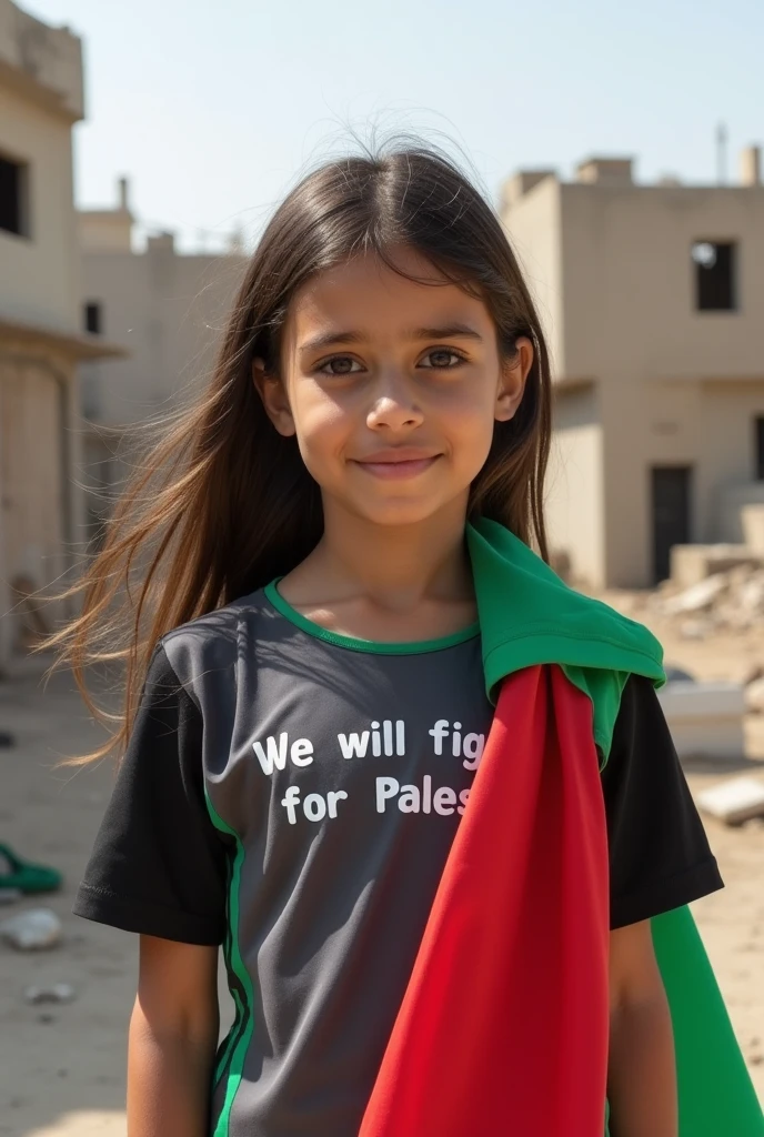 A toddler crying in the desert wearing torn and dirty clothes with a Palestinian flag 
