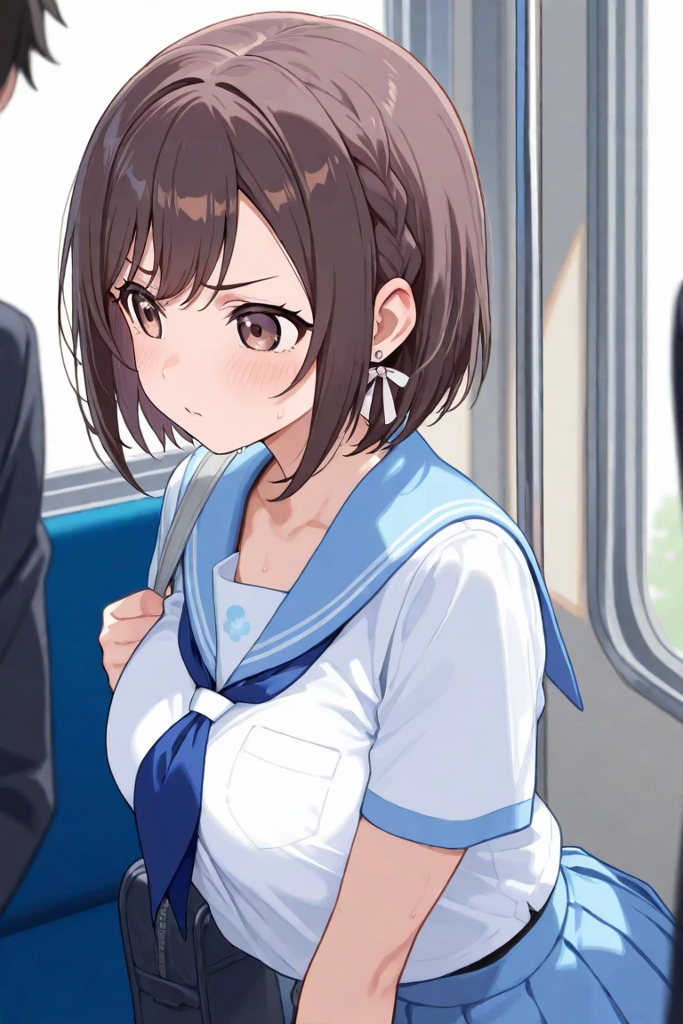 NSFW,1girl,1men,fellatio,​white lace panties,masterpiece、super precision,Kumiko Omae、Brown hair、(((masutepiece))), (((Best Quality)))、 hight resolution, a park, {Oumae_Kumiko_Sound Euphonium:1.15}, brown_hair, Short_hair, brown_Eyes,Beautiful thighs, absolute reference to center、A smile、[3D images:1.25],、 (((white shirt,denim’s very short tight skirt , embarrassed,upskirt,white lace panties,sitting train seat , right hand pointing at viewer ,left hand crotch grab,looking at viewer,