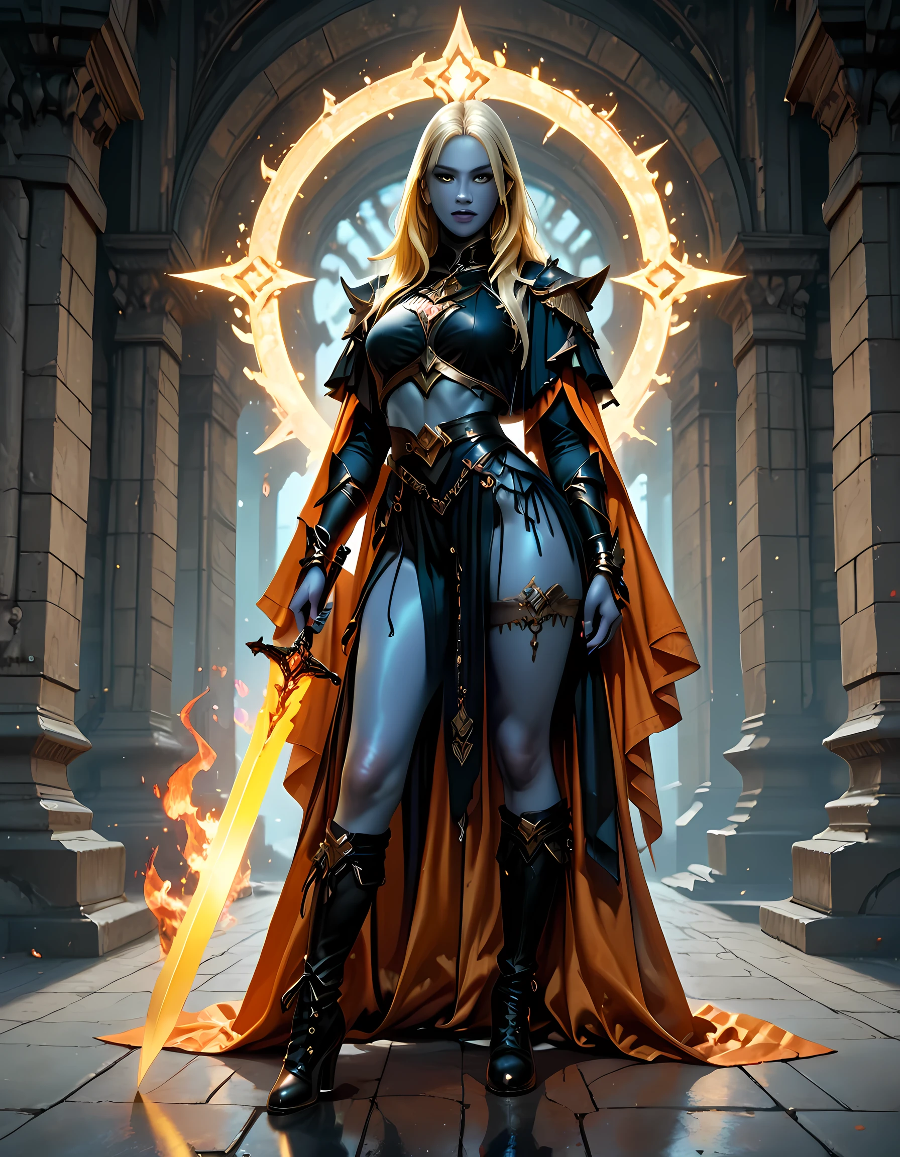 full body picture of olo female ((blue skin: 1.5)), intense details facial details, exquisite beauty, cleric, (dark blue skin: 1.5)) female, ((yellow hair: 1.5)), long hair, (((no ears: 1.5))), (green eyes: 1.3), armed with a fiery sword red fire, wearing (twilight priestly combat vestments: 1.5), wearing high heeled laced boots, wearing an (orange cloak:1.3), wearing glowing holy symbol, fantasy art, dnd art, RPG art, wide shot, (masterpiece: 1.4)  intense details, highly detailed, photorealistic, best quality, highres,  within fantasy temple background, reflection light, high details, best quality, 16k, [ultra detailed], masterpiece, best quality, (extremely detailed), close up, ultra wide shot, photorealistic, RAW, fantasy art, dnd art, fantasy art, realistic art,((best quality)), ((masterpiece)), (detailed), perfect face, fantasy, Cinematic Shot Cinematic Shot, fantasy, LOAsuccXL, fantasy, commix style, fantasy
