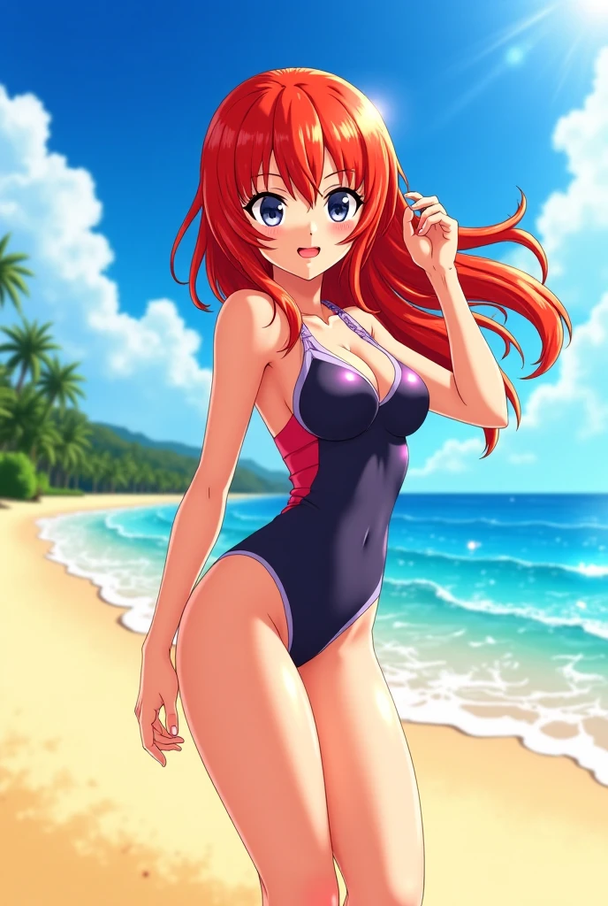 Masterpiece,best quality,pov, slightly from above,Solo, cowboy shot, from behind,Sakurauchi riko, looking at viewer,long hair, blush,love scene, leotard swimsuit, breasts, high-leg,thicc ,day,beach in background , ass, exposed ass cheeks