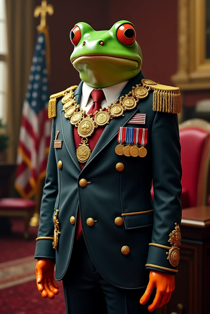 A photorealistic image of a frog character standing upright, dressed in Soviet-era military attire. The frog should be wearing a classic Soviet military uniform, complete with a ushanka hat adorned with a red star. The uniform should be well-fitted, showcasing medals and insignias that are typical of the Soviet military. The frog's posture should be disciplined and authoritative, perhaps saluting or standing at attention. The background should be a Soviet-style setting, maybe a military parade or a war room with Soviet flags and symbols. The frog's expression should be serious but not menacing, embodying the disciplined nature of a military officer, <lora:pepe-v2:0.75> pepe, <lora:SovietPunkAI:0.7>