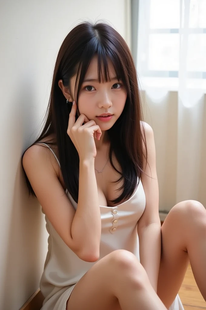 8k,Highest quality, masterpiece, Ultra-high resolution, (Realistic:1.3), RAW Photos, (Real skin texture:1.3), (Film Grain:1.3), (Selfie angle),One girl,Beautiful and detailed eyes and face,masterpiece, Highest quality,close,Upper Body,Completely naked,Mouth half open,D Cup,nsfw,Sitting with Knees Up on sofa at living, spread legs, (spread pussy:1.3)