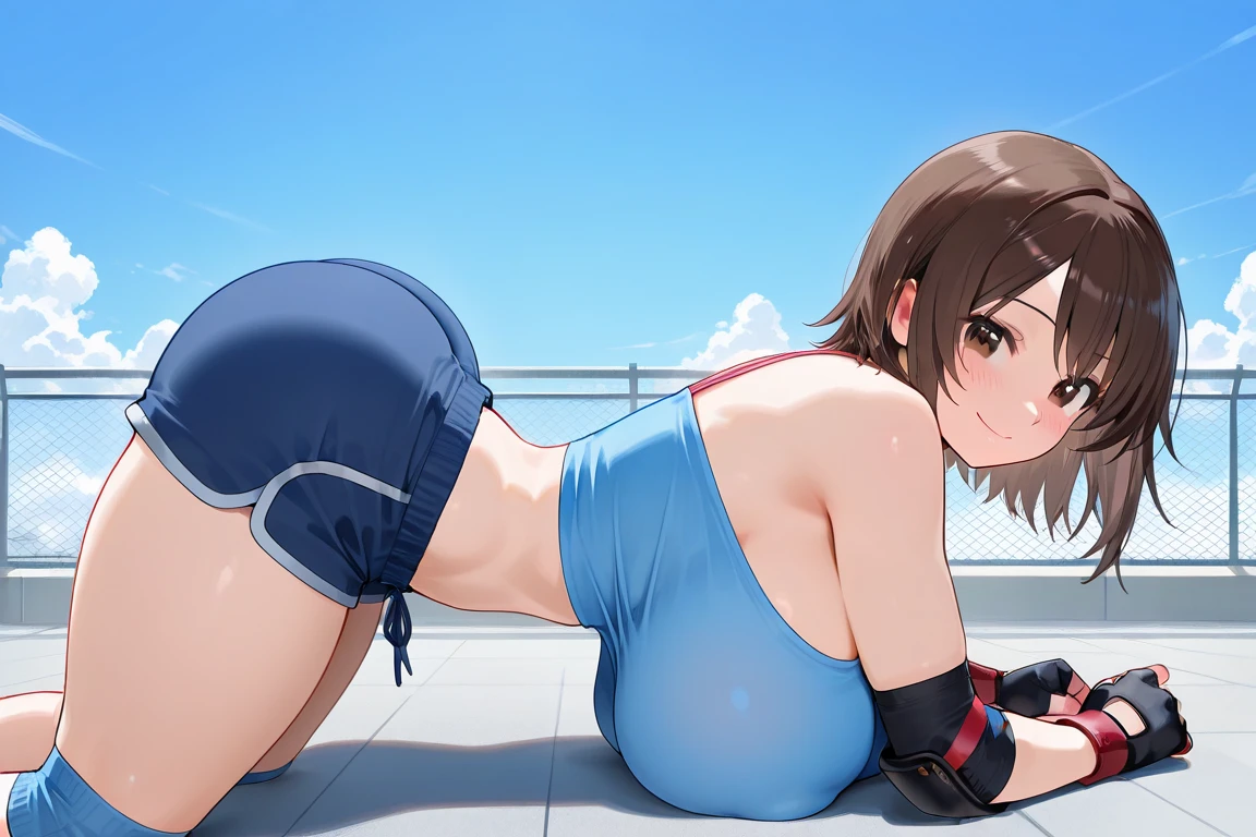 1 girl,Blue leotard,Super High Leg Cut,blue eyes,serious face,brown hair,bob hair,New York City,big breasts,blush,Sweat,barefoot,bare hands,thin,walk,embarrassing,Alley,Graffiti on the wall,Litter scattered,dark,Garbage can,cardboard,cowboy shot,dark,Asian Squat,back view,butt,back