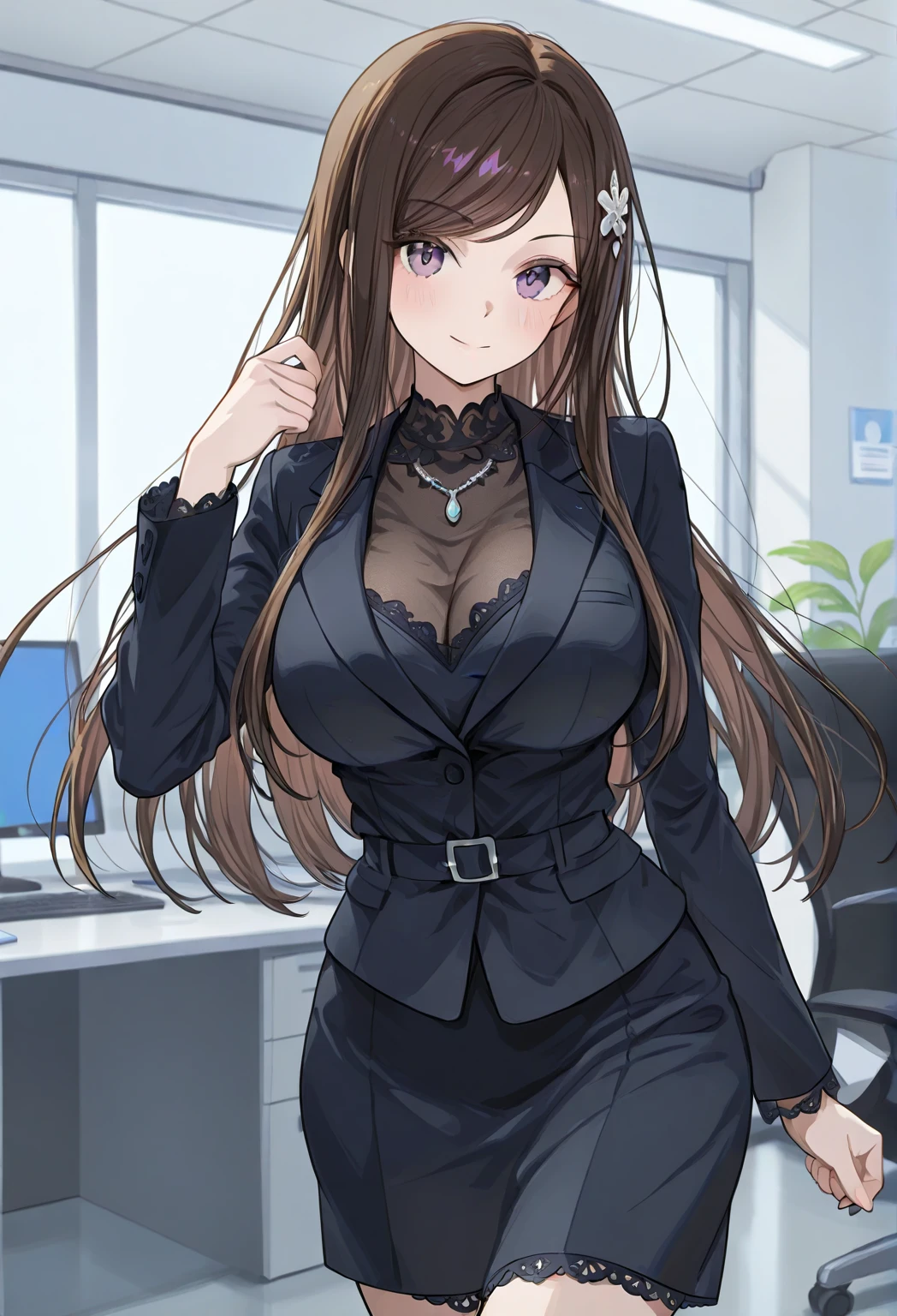 (highest quality:1.2,evil lady,cg, Very detailed, High Detail, digital coloring, High Contrast, masterpiece:1.2,suits, highest quality, Best aesthetics), 8k,masterpiece, cute,tall,beautiful,best quality, 1lady,brown hair,long hair,wavy hair,empty eyes, (finely detailed glowing eyes and detailed face),,,,extremely detailed cg unity 8k wallpaper,solo,(latex military costume:0.9),large breasts,seductive smile,,latex thighhigh,large breasts,black hair,pink eyes,no jacket,formal shirts,thighhigh,,enamel suits,grossy lips,sitting,tight skirt,sadistic smile,,heel,shiny skin,tight skirt,detailed face,beautiful body,,adult,,show me breasts,sadistic,seductive smile,business suits,latex,no tie,bust shot,open mouth,necklace,office room,from above,burikko pose