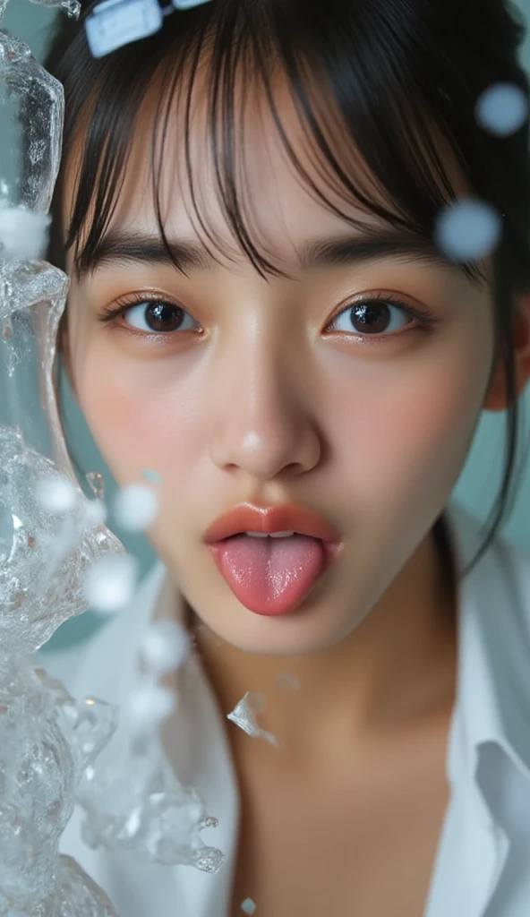 obra de arte, Melhor qualidade, 8k, 15 anos, adolescente, Foto CRU, retrato premiado, sorria timidamente, 1 garota, idol face, lindo, extremamente bonito, bonitinho, mulheres japonesas,female idol, olhos grandes e redondos, droopy eyes, narinas pequenas, maquiagem leve, grandes olhos redondos, cintura estreita, Garota delicada, tronco, dslr, Lente de 85 mm, f1.4, (Bokeh:1.1), olhando para o espectador, candid, sofisticado, jovem, professional lighting, (olhos e rosto detalhados:1.0), Spunkmouth - Cum bubbles