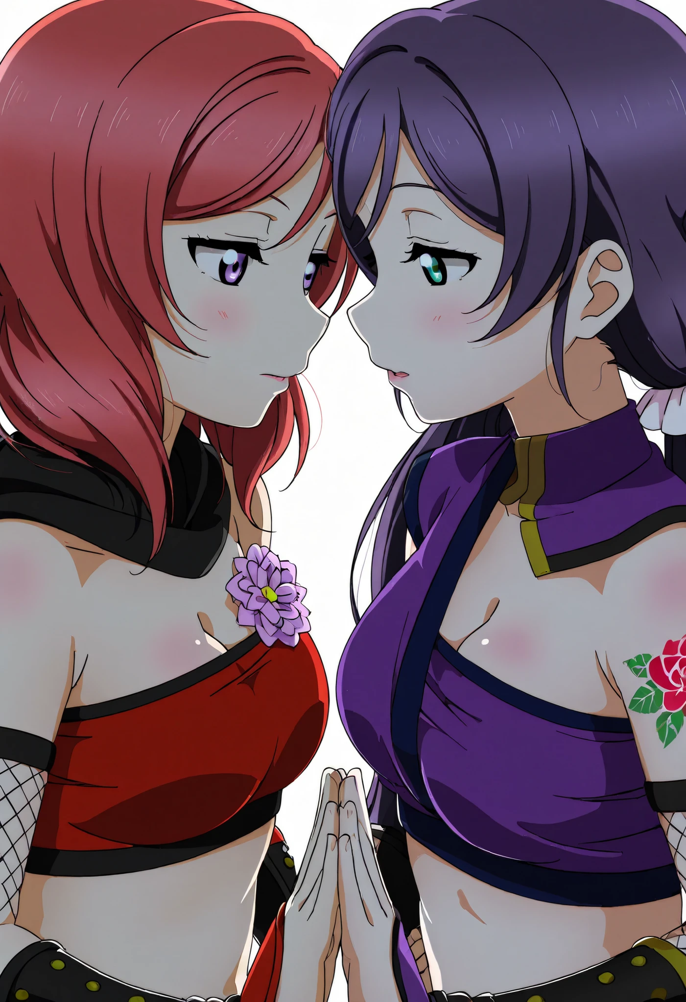 best quality, masterpiece, (squatting:1.4), 1girl, yuzuriha_(Jigokuraku), purple hair, brown eyes, ninja, revealing clothes, décolleté, large breasts, wet skin, on the chest, top knot, medium hair, chest apart, seductive smile, pants, undress, (blush: 1.1), temple, close up breast, prospective from above