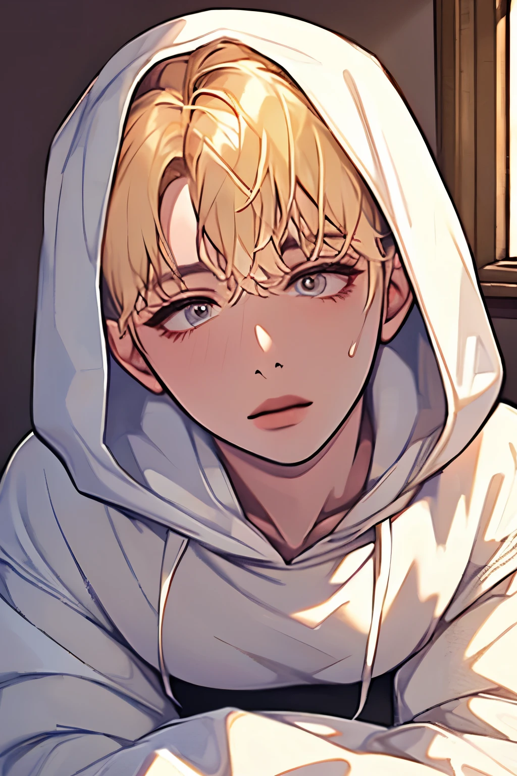 cozy white hoodie, Comfortable posture, hair hidden inside the hood, casual indoor setting, soft lighting, Warm and comfortable atmosphere, close-up view, neutral tone.