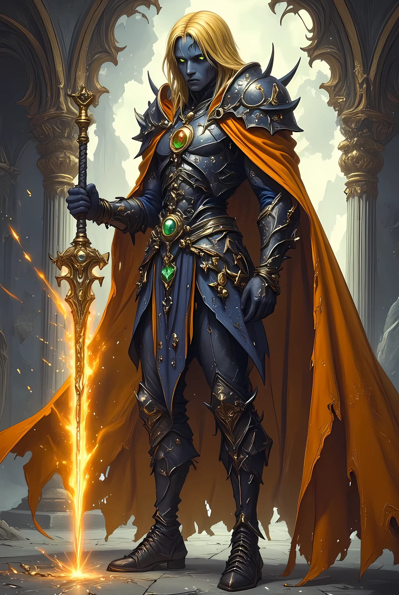 full body picture of olo female ((dark blue skin: 1.5)), intense details facial details, exquisite beauty, cleric, (dark blue skin: 1.5)) female, ((yellow hair: 1.5)), long hair, (((no ears: 1.5))), (green eyes: 1.3), armed with a fiery sword red fire, wearing (twilight priestly combat vestments: 1.5), wearing white armor, wearing high heeled laced boots, wearing an (orange cloak:1.3), wearing glowing holy symbol, fantasy art, dnd art, RPG art, wide shot, (masterpiece: 1.4) intense details, highly detailed, photorealistic, best quality, highres, within fantasy temple background, reflection light, high details, best quality, 16k, [ultra detailed], masterpiece, best quality, (extremely detailed), close up, ultra wide shot, photorealistic, RAW, fantasy art, dnd art, fantasy art, realistic art,((best quality)), ((masterpiece)), (detailed), perfect face, zavy-ctcmcs, ArsMJStyle, dnddarkestfantasy