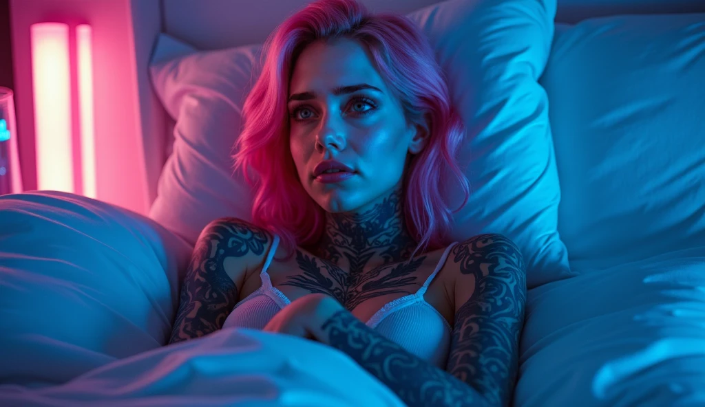 tatuados,Very beautiful big breasts、(Tears),(Back tattoo、Many tattoos on both arms and neck)、 (Reykjavik at night, Aurora shining in the night sky),Candlelight only,Very detailed, 21 years old, A beautiful woman,Depressed face, Pink Hair,Medium Hair, blue eyes, High resolution, masterpiece, Highest quality, Intricate details, Very detailed, Clear focus, Delicate skin, practical skin texture, texture, Delicate eyes, Professional, 8k, Sad face,despair、 Shot with Canon, 85mm, Shallow and deep, Kodak Vision Color, Exactly, Very detailed, photograph_\(Extremist\), photographpractical, practical, Post-processing, Maximum details, Roughness, Real Life, Extremist practical, Photorealism, photographgraphy, 8k ウルトラ HD, photographgraphy