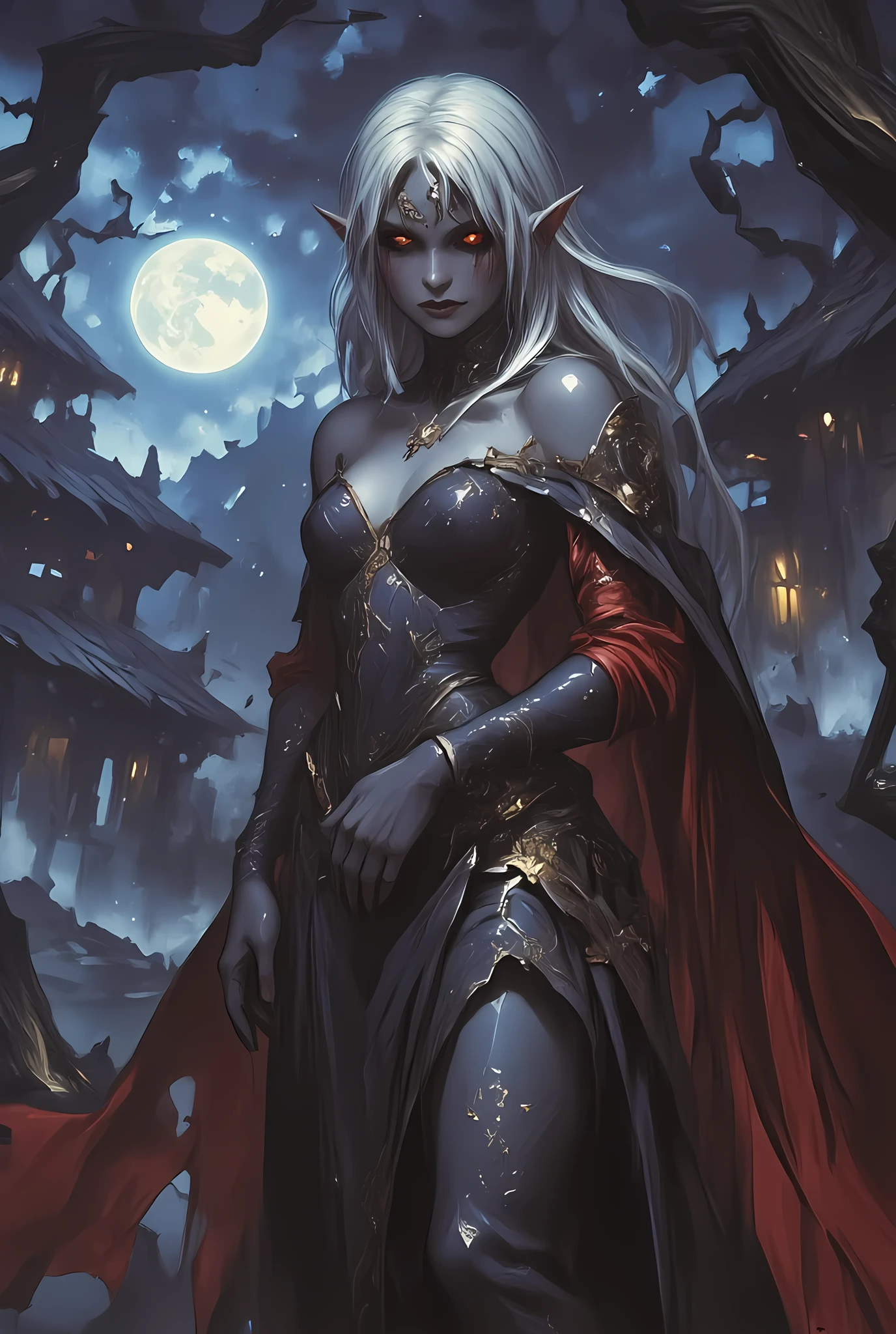 full body picture of an epic beautiful female vampire, ghostly beauty, wearing transluminescent dress, black silk dress, intricate dress, transluminescent dress, transparent dress, red sleeves, epic beautiful female vampire, pale skin perfect body, ghostly beauty, serene beauty, blond hair, lush hair, long hair, red glowing eyes, vampire fangs, stars entwined in the woman's hair, light caress the woman, moon light caress the dress, fantasy art, night time, the moon rises, creating award winning, photorealism, depth of field, hyper realistic, zavy-ctcmcs, ArsMJStyle, dnddarkestfantasy, In the style of chargen_concept_art image of