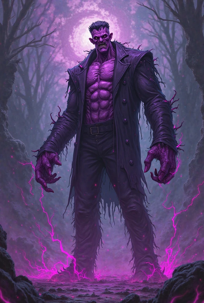 a monster, muscular, body covered in thorns, eyes with purple light and furious, destroying a wall with one punch. High resolution, sharpness, novel graphics. No defects, two arms and 2 legs.