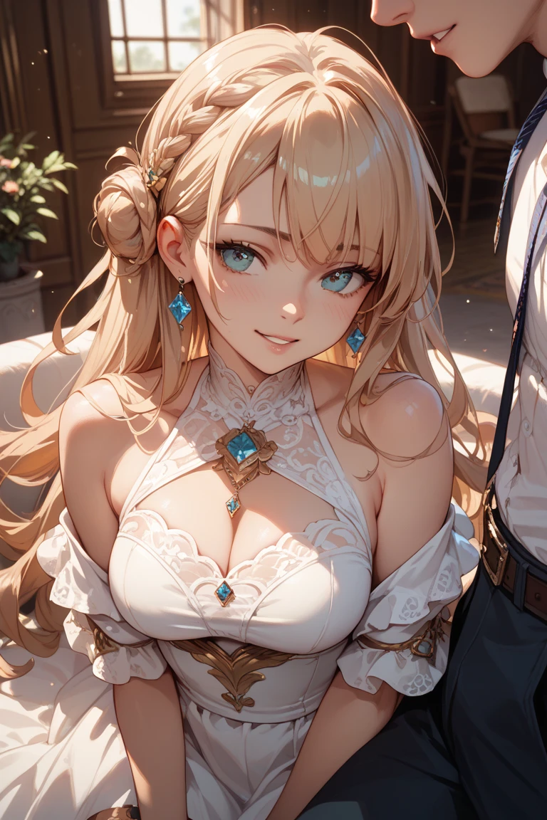 (masterpiece, best quality, absurdres), high quality, highres, ultra detailed, intricate, wallpaper, close-up, looking at viewer, beautiful woman, 1girl, parted lips, kei Karuizawa, small breasts, blonde hair, bangs, ponytail , detailed violet eyes, ((Super Realistic Detailed Eyes, glowing eyes)), beautiful face,smiling,close up to hips, beautiful breast, in the middle of flowers field, wearing beautiful wedding dress, (open mouth:0.4), illustration, detailed textures(realists), ultra-detailed, portrait style, vivid colors, soft lighting, blushing, mature, hair fluttering, evening light, cleavage